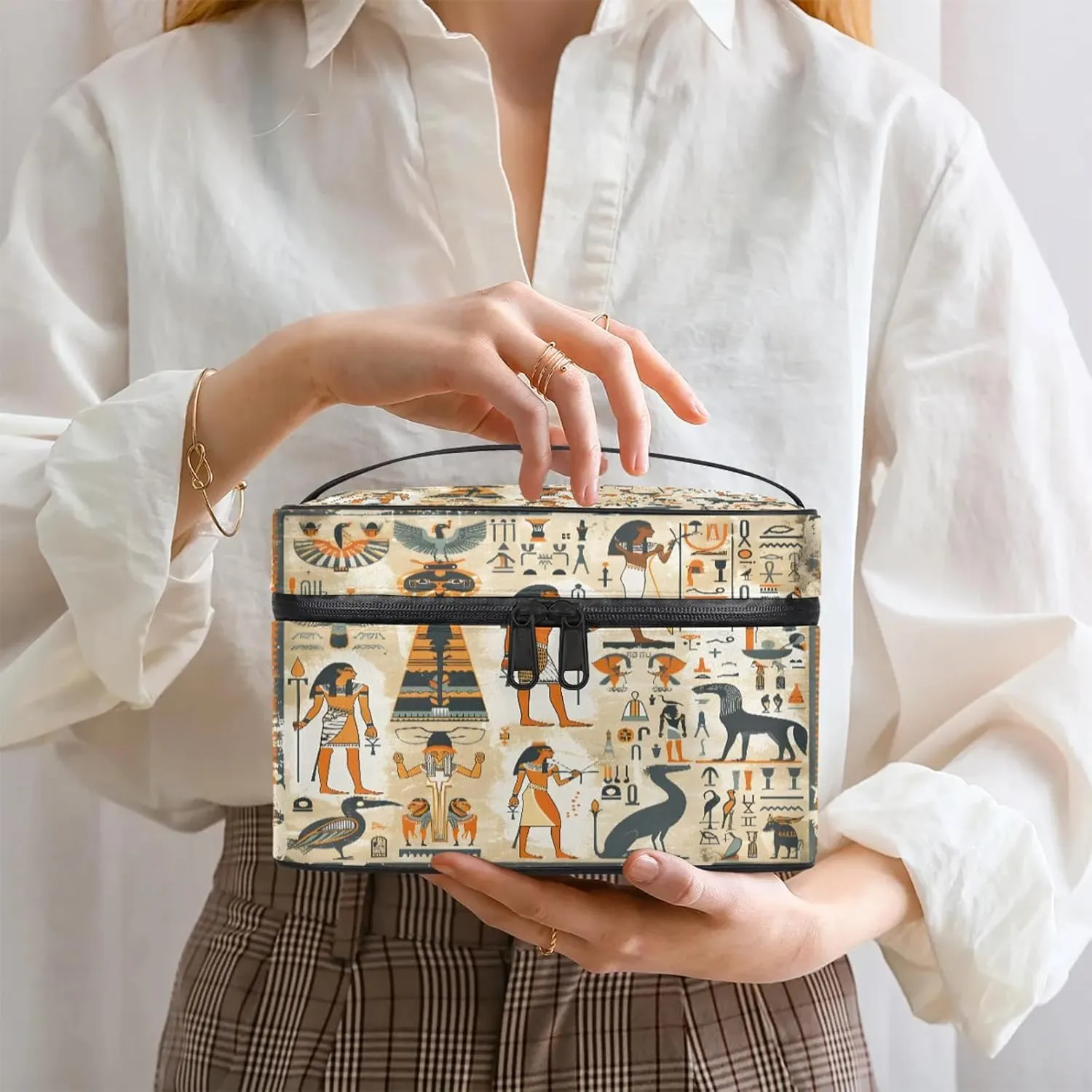 Ancient Egyptian Travel Toiletry Bag Large Capacity Makeup Case Organizer with Handle Cosmetic Case for Women Girls