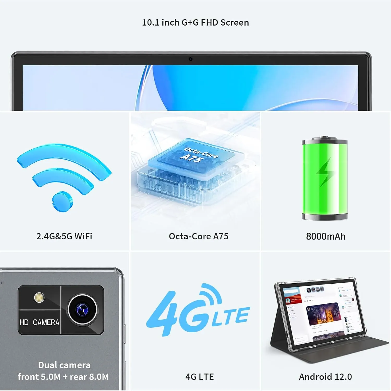 Android 12 Tablet, 10 Inch FHD IPS Touch Screen, 8GB RAM, 128GB ROM, 1TB Expandable, 5G WiFi, 4G/LTE, 8000 mAh Battery, Bluetooth 5.0, Dual Camera, GPS, GMS Certified