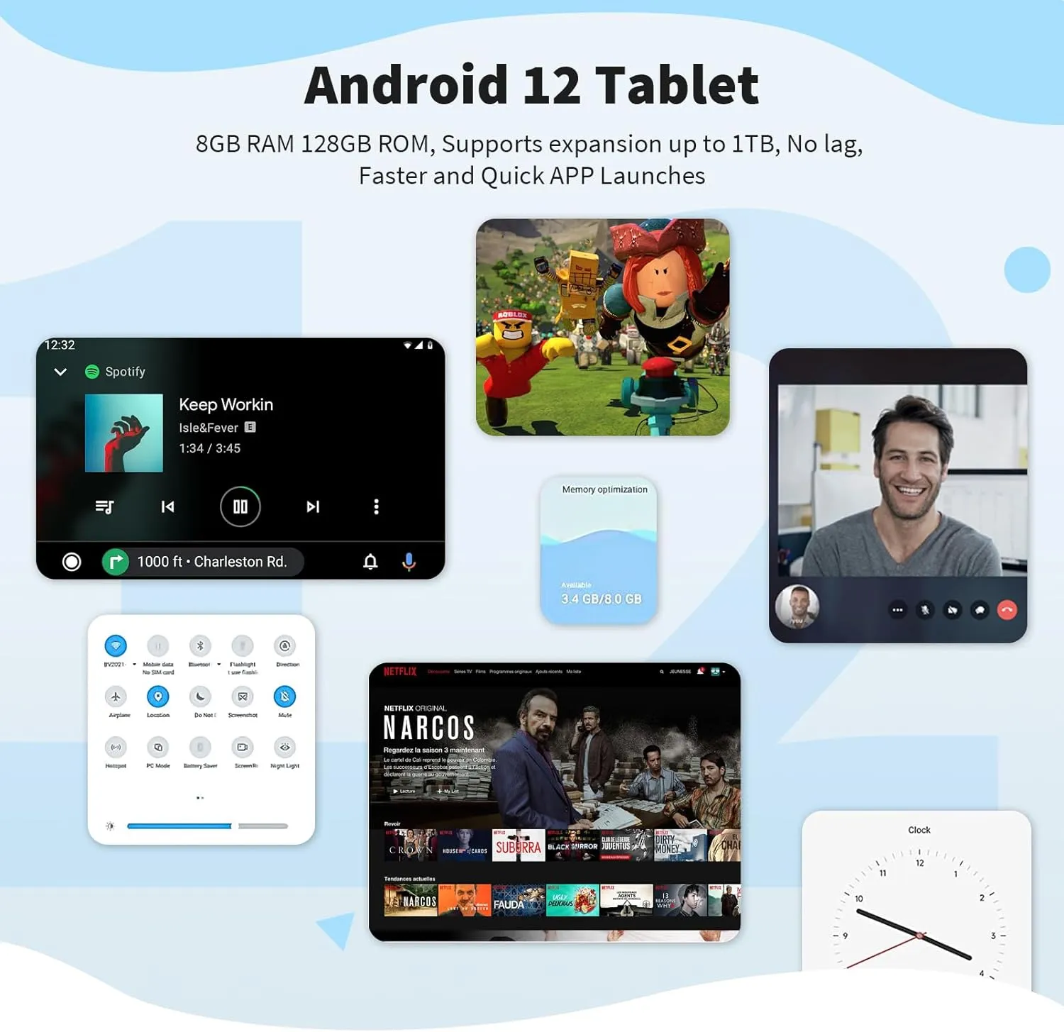 Android 12 Tablet, 10 Inch FHD IPS Touch Screen, 8GB RAM, 128GB ROM, 1TB Expandable, 5G WiFi, 4G/LTE, 8000 mAh Battery, Dual Camera, Bluetooth 5.0, GPS, GMS Certified