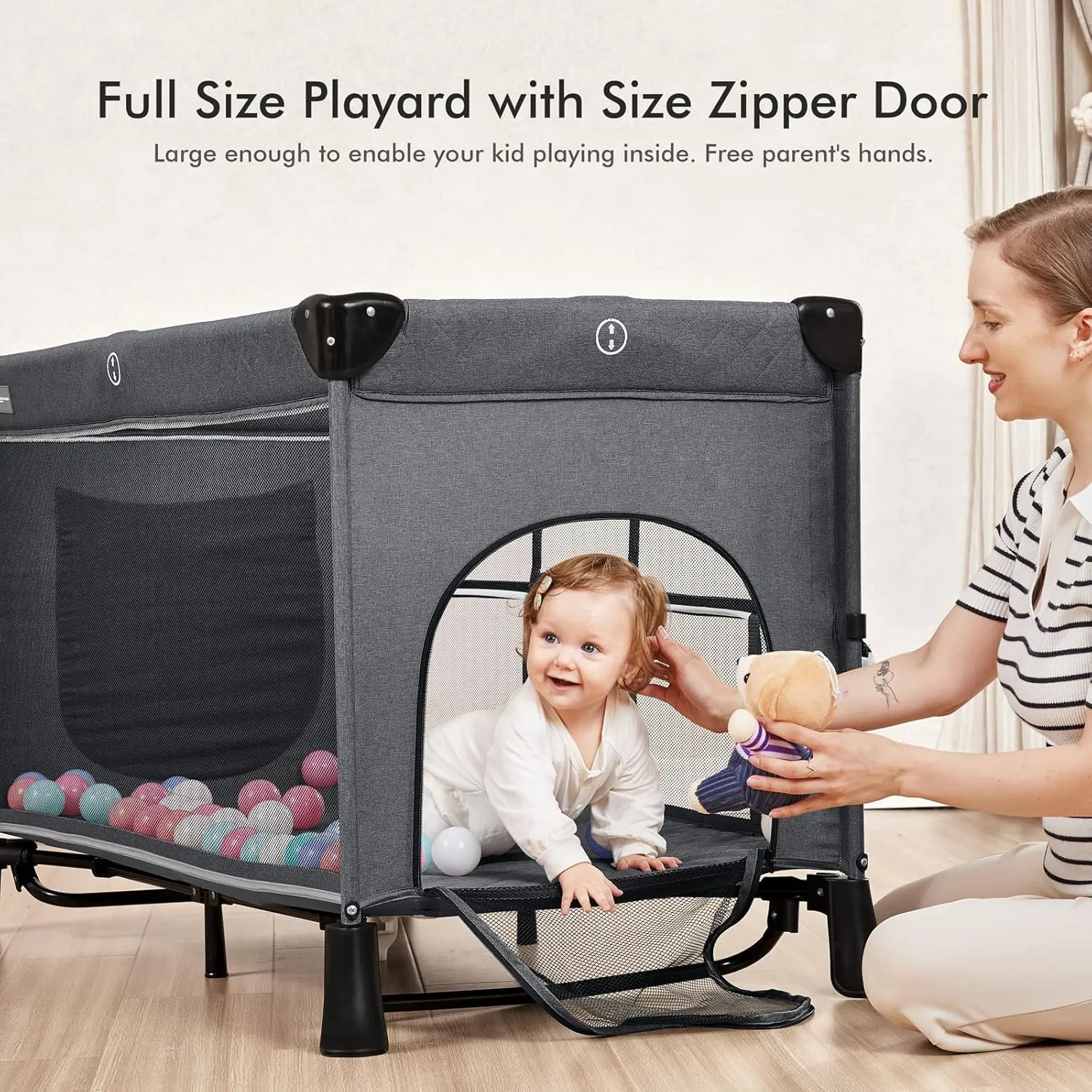 ANGELBLISS 5 in 1 Baby Bassinet, Bedside Crib & Playpen, Pack and Play Bassinet with Diaper Changer and Removable Rocker, Easy Folding Portable Crib with Mobile, Sheet & Mattress (Grey)
