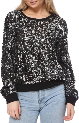 Anna-Kaci Women's Glitter Sequin Sweatshirt Long Sleeve Pullover Tops with Ribbed Cuffs