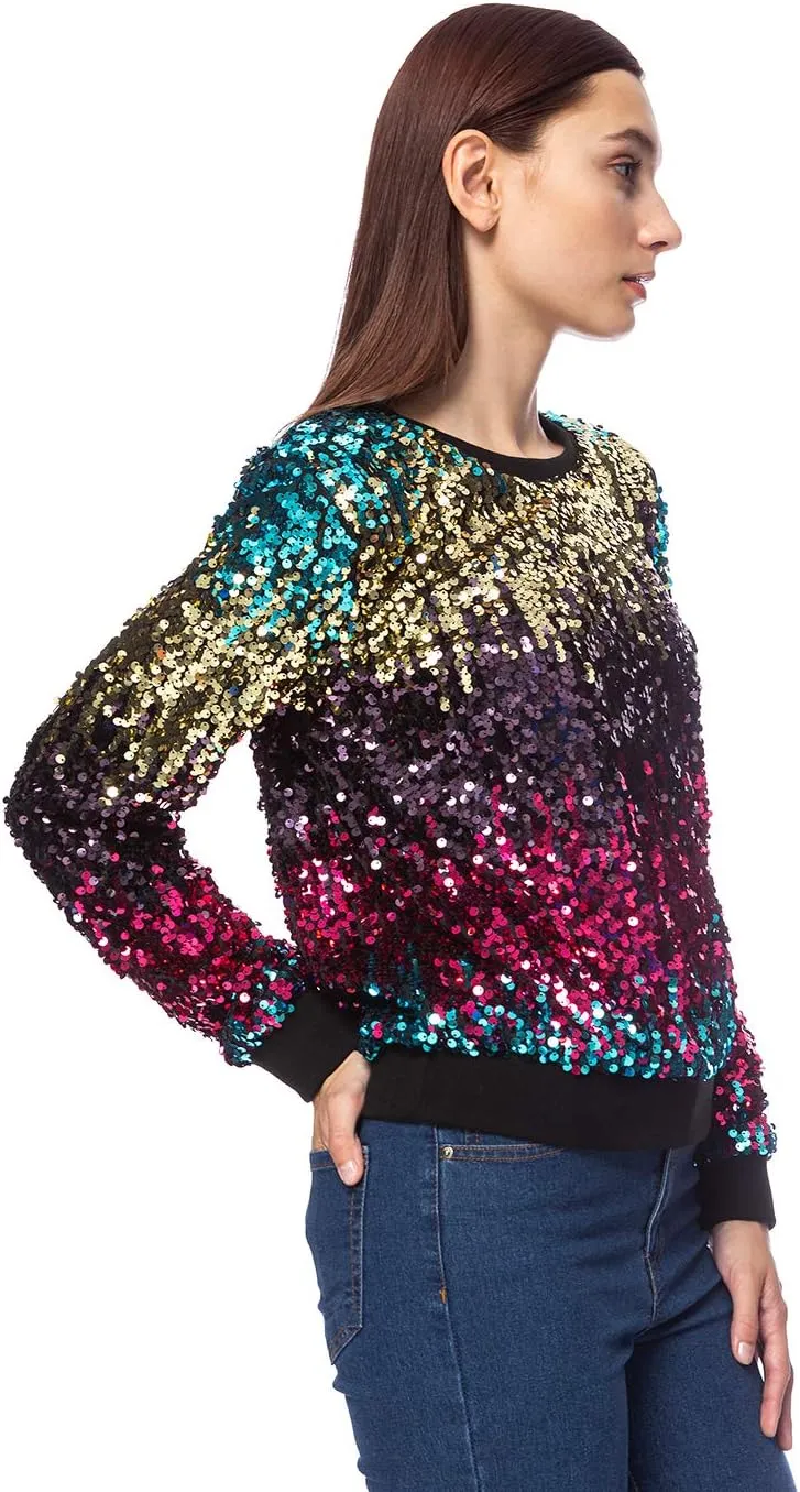 Anna-Kaci Women's Glitter Sequin Sweatshirt Long Sleeve Pullover Tops with Ribbed Cuffs