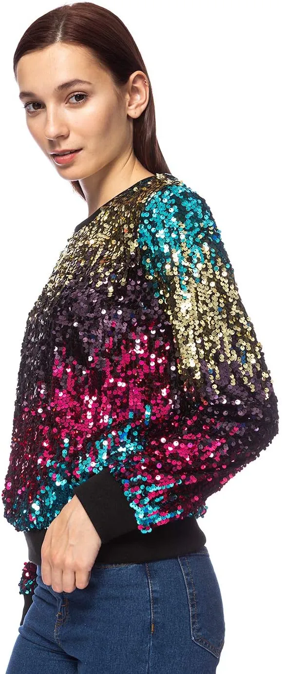 Anna-Kaci Women's Glitter Sequin Sweatshirt Long Sleeve Pullover Tops with Ribbed Cuffs