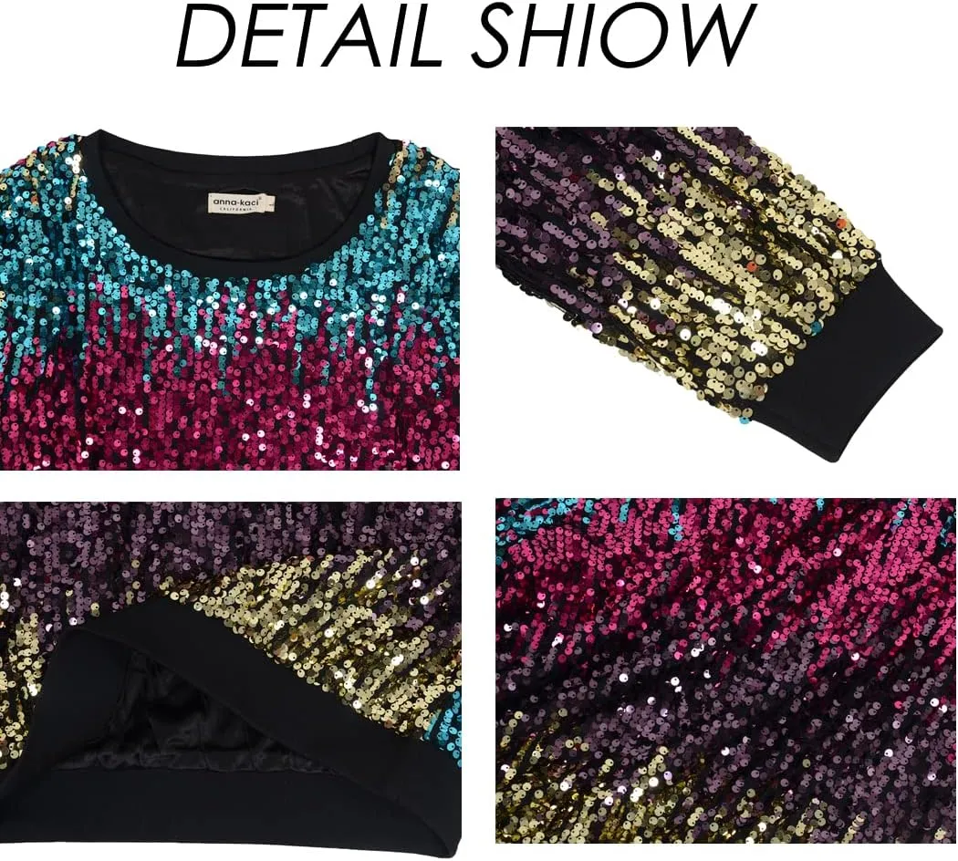 Anna-Kaci Women's Glitter Sequin Sweatshirt Long Sleeve Pullover Tops with Ribbed Cuffs