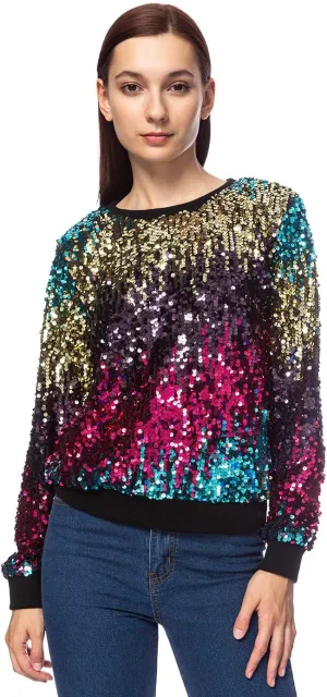 Anna-Kaci Women's Glitter Sequin Sweatshirt Long Sleeve Pullover Tops with Ribbed Cuffs