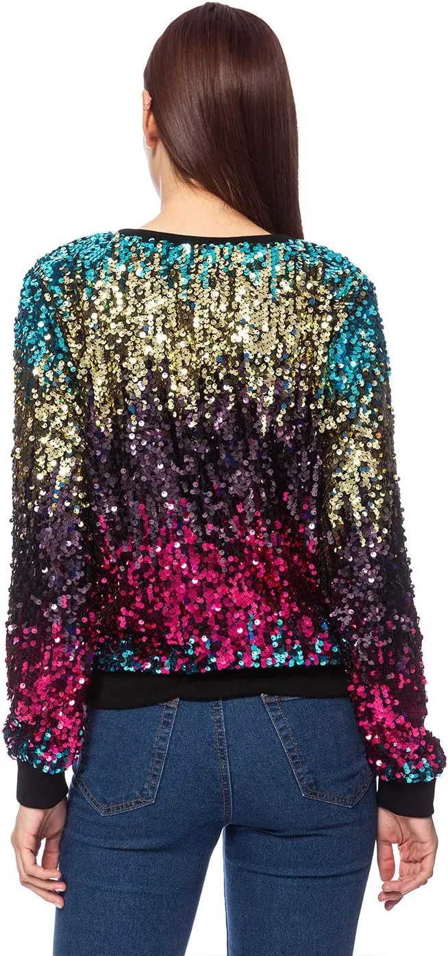Anna-Kaci Women's Glitter Sequin Sweatshirt Long Sleeve Pullover Tops with Ribbed Cuffs