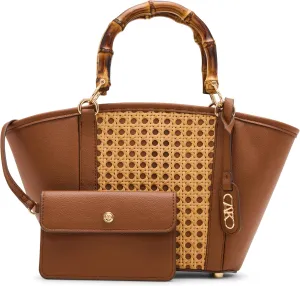 Anne Klein Womens Caning Bamboo Handle Tote with Detachable Strap, Natural/Chestnut
