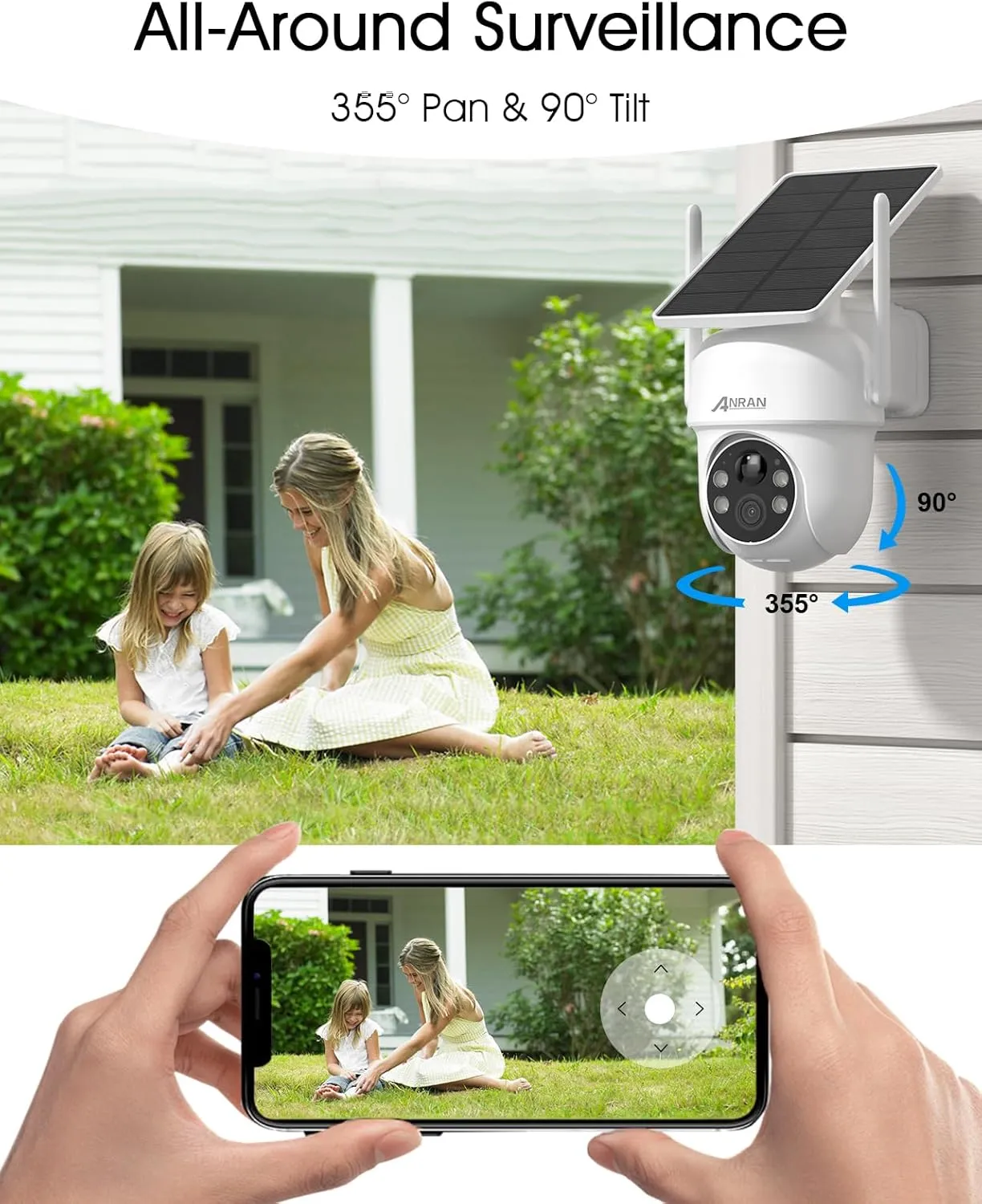 ANRAN Solar Security Cameras Wireless Outdoor,2K Cameras for Home Security with Fixed Solar Panel, 360° PTZ for Home Surveillance,2.4G WiFi, PIR Human Detection, 3MP Color Night Vision, 2-Way Talk