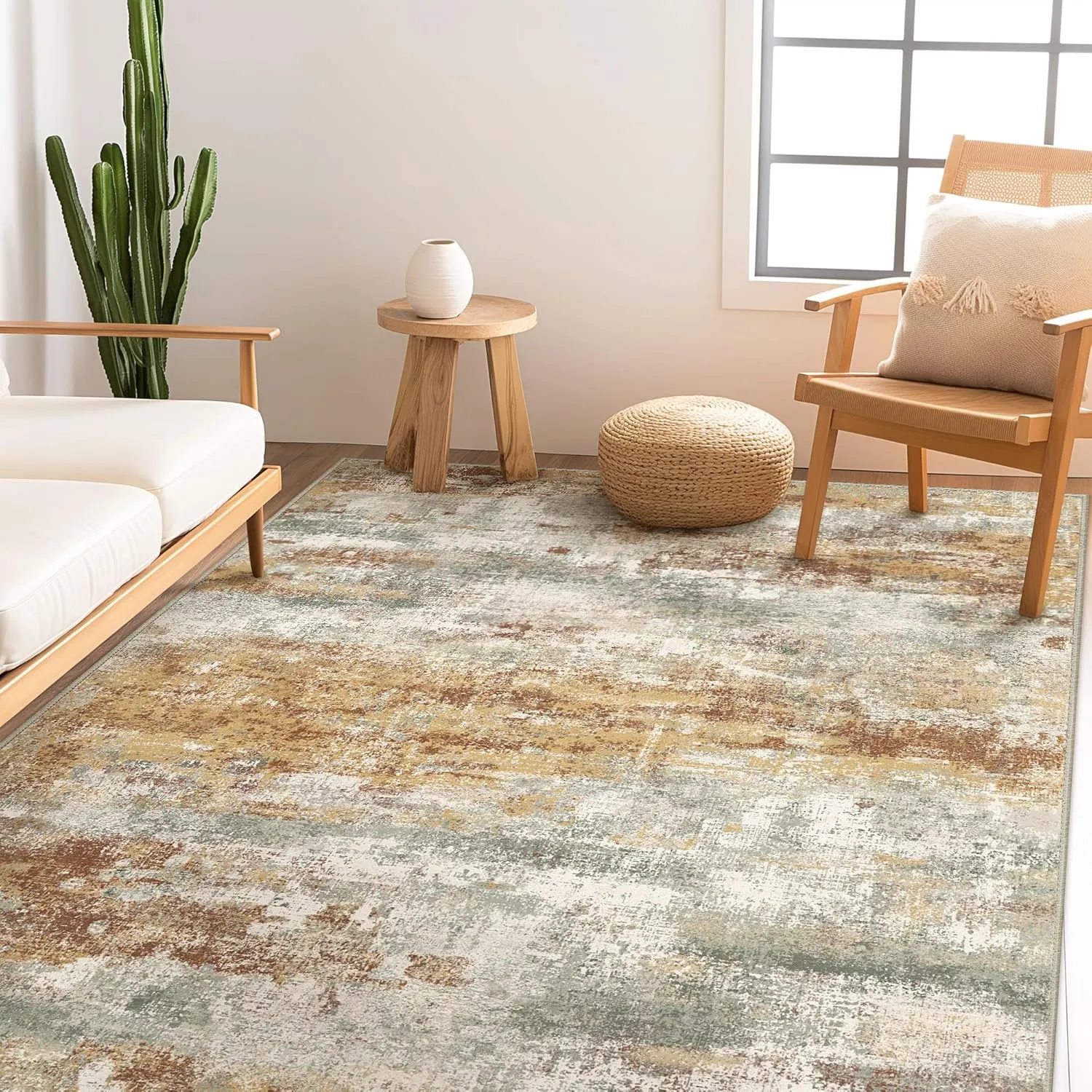 Area Rugs 5x7 for Living Room Bedroom, Modern Abstract Machine Washable Rug, Soft Low Pile Floor Cover with Non Slip Backing for Dining Room, Orange Green