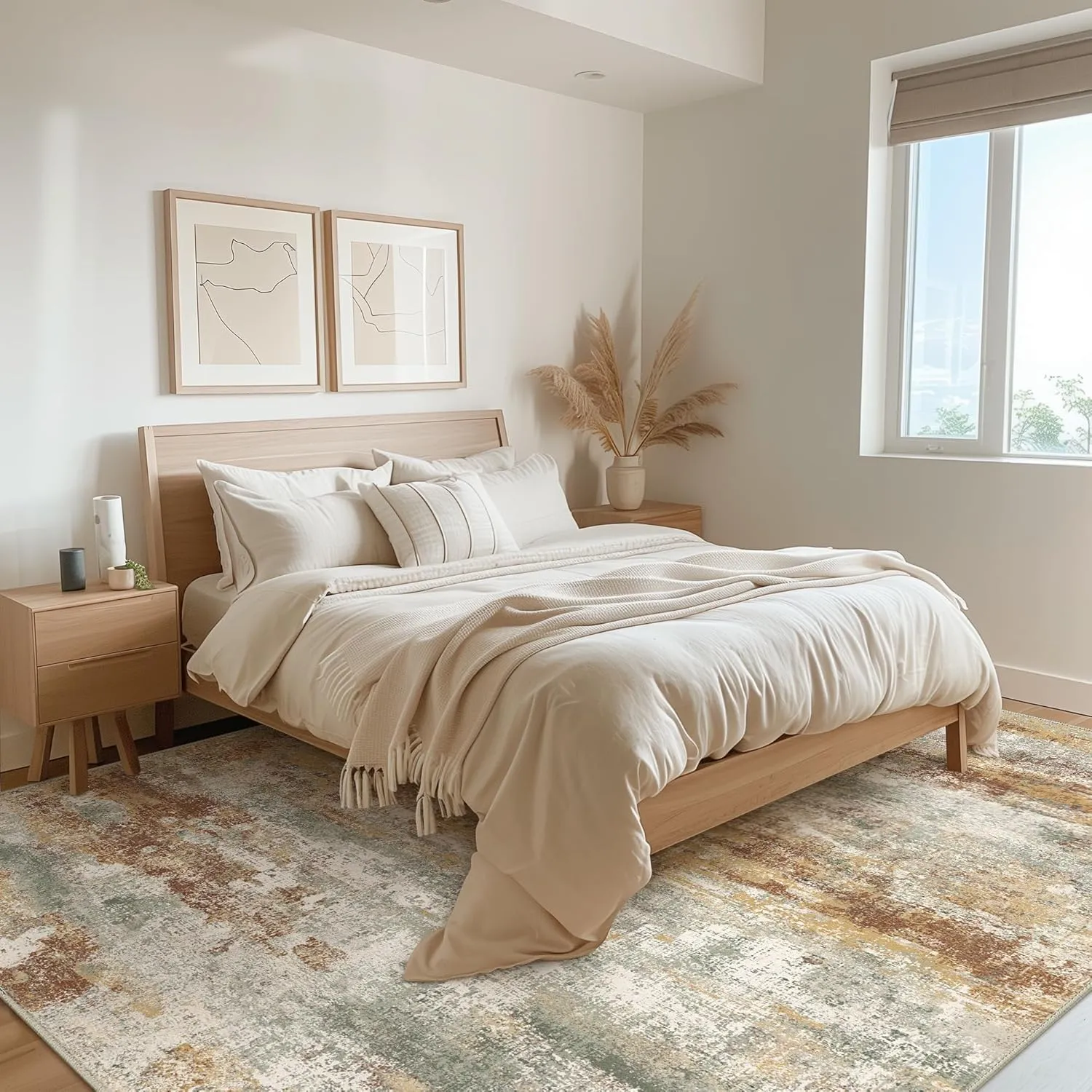 Area Rugs 5x7 for Living Room Bedroom, Modern Abstract Machine Washable Rug, Soft Low Pile Floor Cover with Non Slip Backing for Dining Room, Orange Green