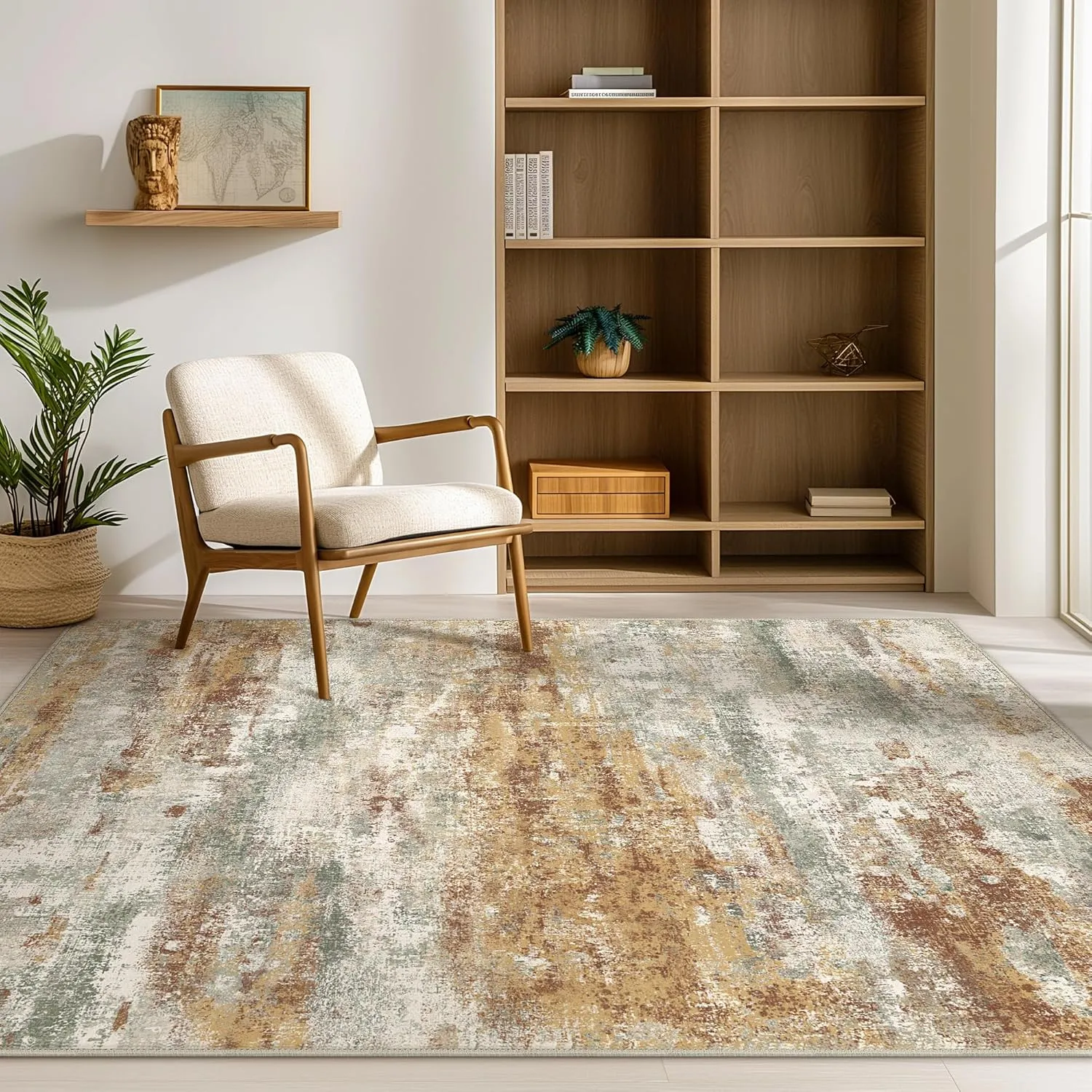 Area Rugs 5x7 for Living Room Bedroom, Modern Abstract Machine Washable Rug, Soft Low Pile Floor Cover with Non Slip Backing for Dining Room, Orange Green