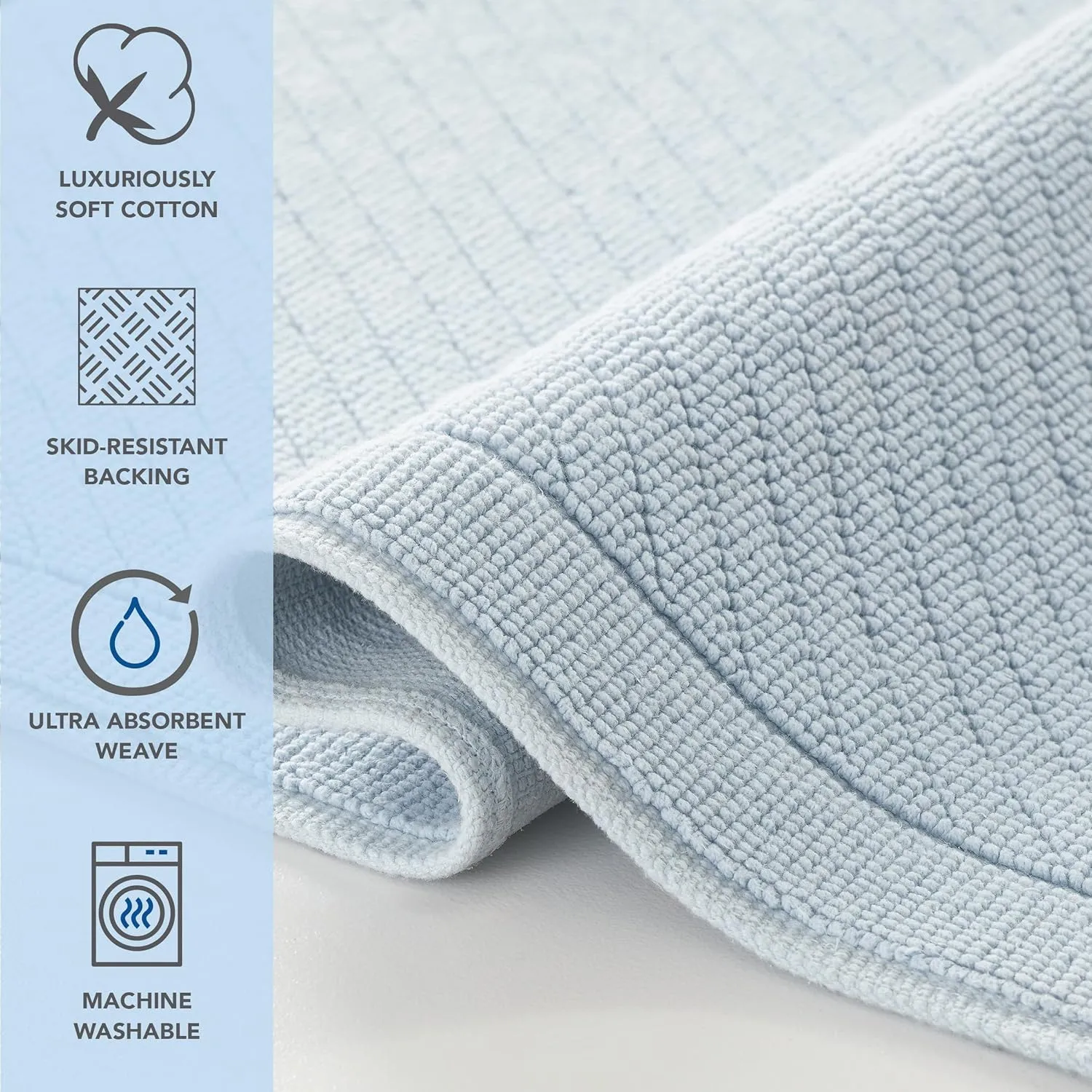 Arkwright 100% Cotton Bathroom Rug - High Absorbent Stylish Textured Woven Design Bath Mat, Slip Resistant Backing for Shower and Bathtub Floor, 20x60 in - Blue