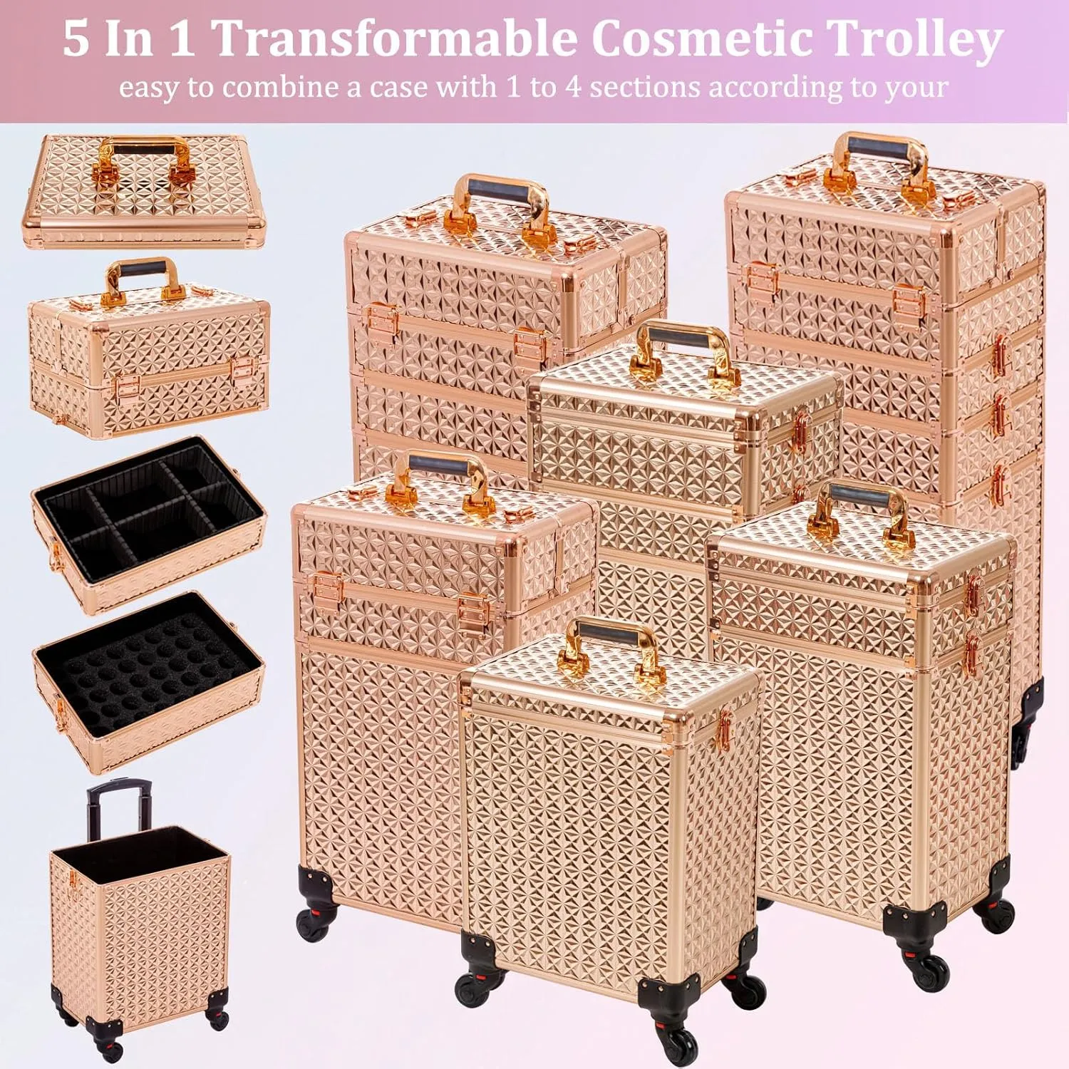 AROUS 5 in 1 Professional Makeup Train Case Aluminum Cosmetic Case Rolling Makeup Case Extra Large Trolley Makeup Travel Organizer, with 360° Swivel Wheels, Gold