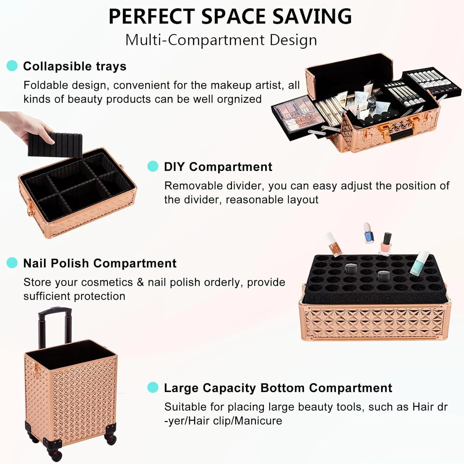 AROUS 5 in 1 Professional Makeup Train Case Aluminum Cosmetic Case Rolling Makeup Case Extra Large Trolley Makeup Travel Organizer, with 360° Swivel Wheels, Gold