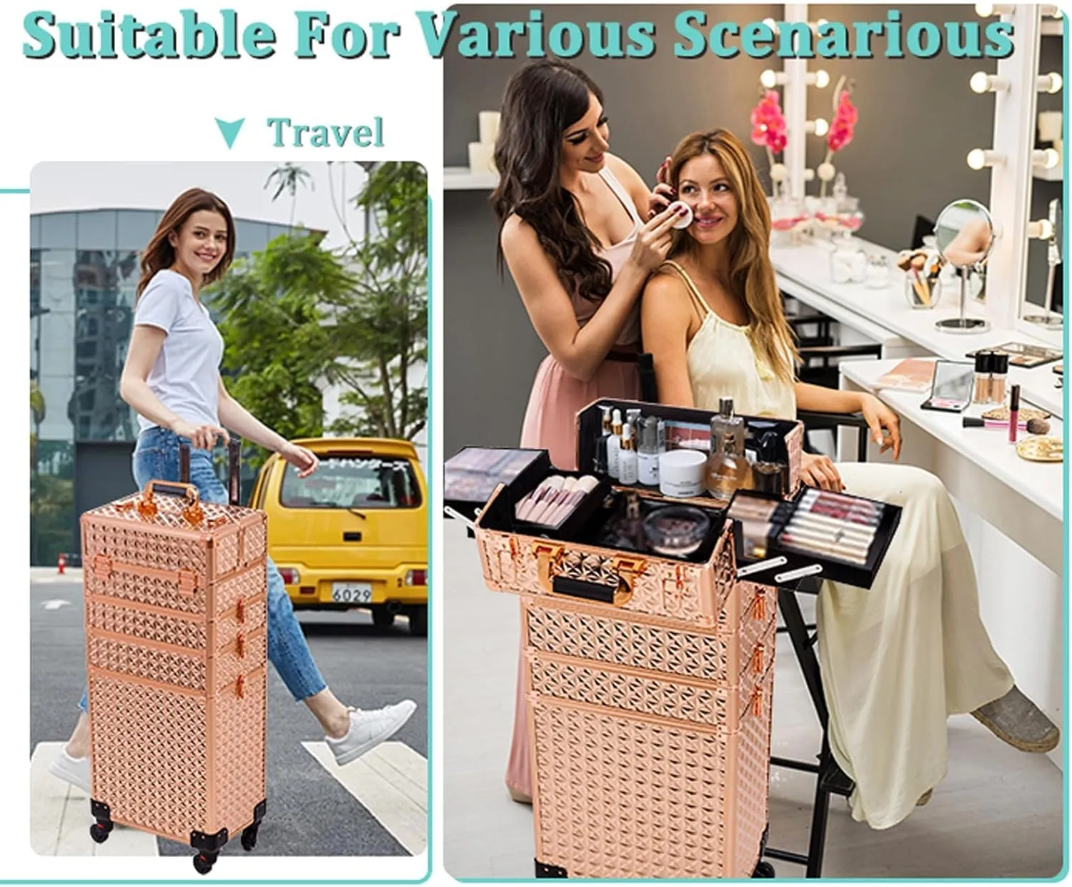 AROUS 5 in 1 Professional Makeup Train Case Aluminum Cosmetic Case Rolling Makeup Case Extra Large Trolley Makeup Travel Organizer, with 360° Swivel Wheels, Gold