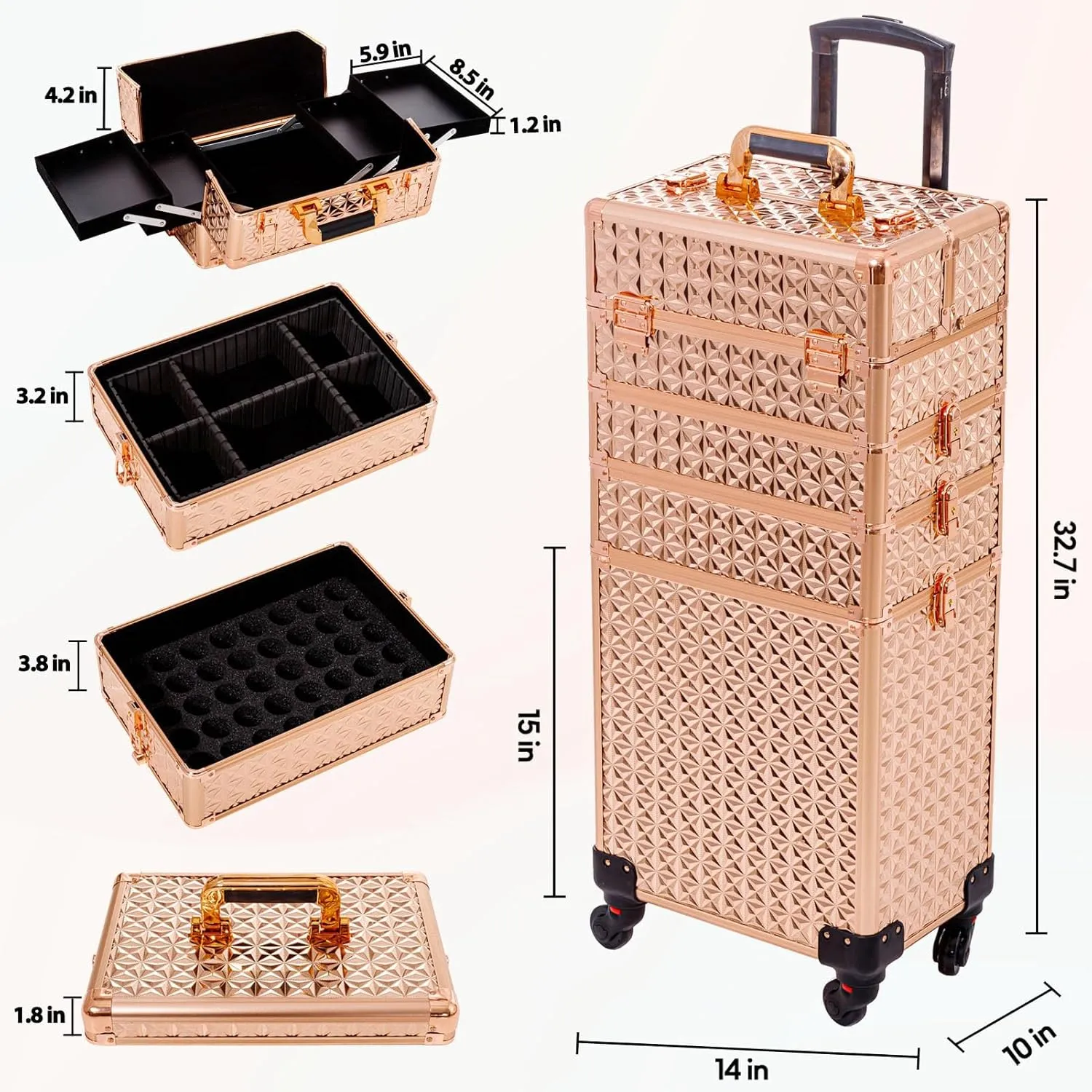 AROUS 5 in 1 Professional Makeup Train Case Aluminum Cosmetic Case Rolling Makeup Case Extra Large Trolley Makeup Travel Organizer, with 360° Swivel Wheels, Gold