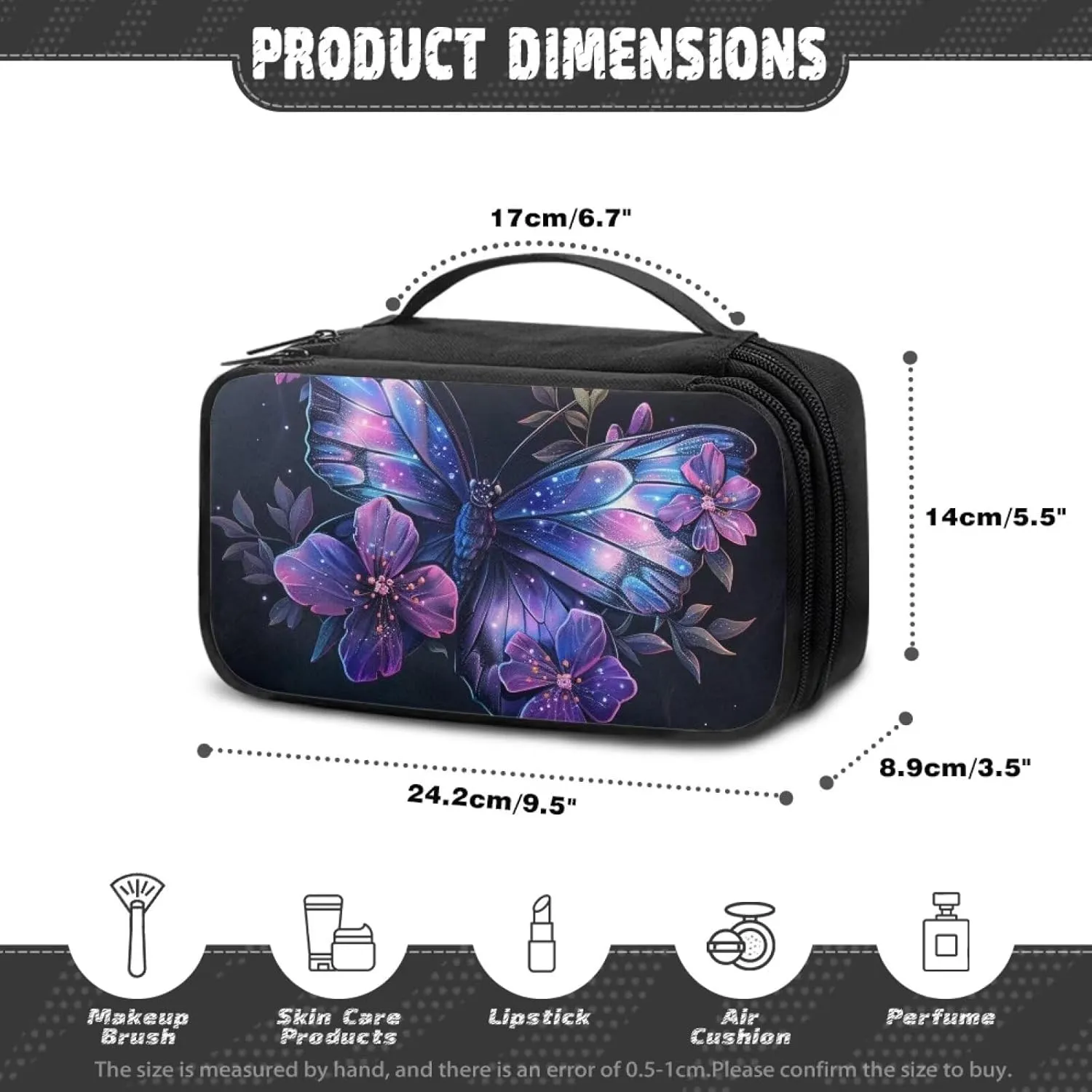 Artistic Butterfly Travel Makeup Bag for Women Custom Cosmetic Bags Waterproof Make Up Case Large Opening Toilety Organizer Pouch for Toiletries Brushes Perfumed Lipstick