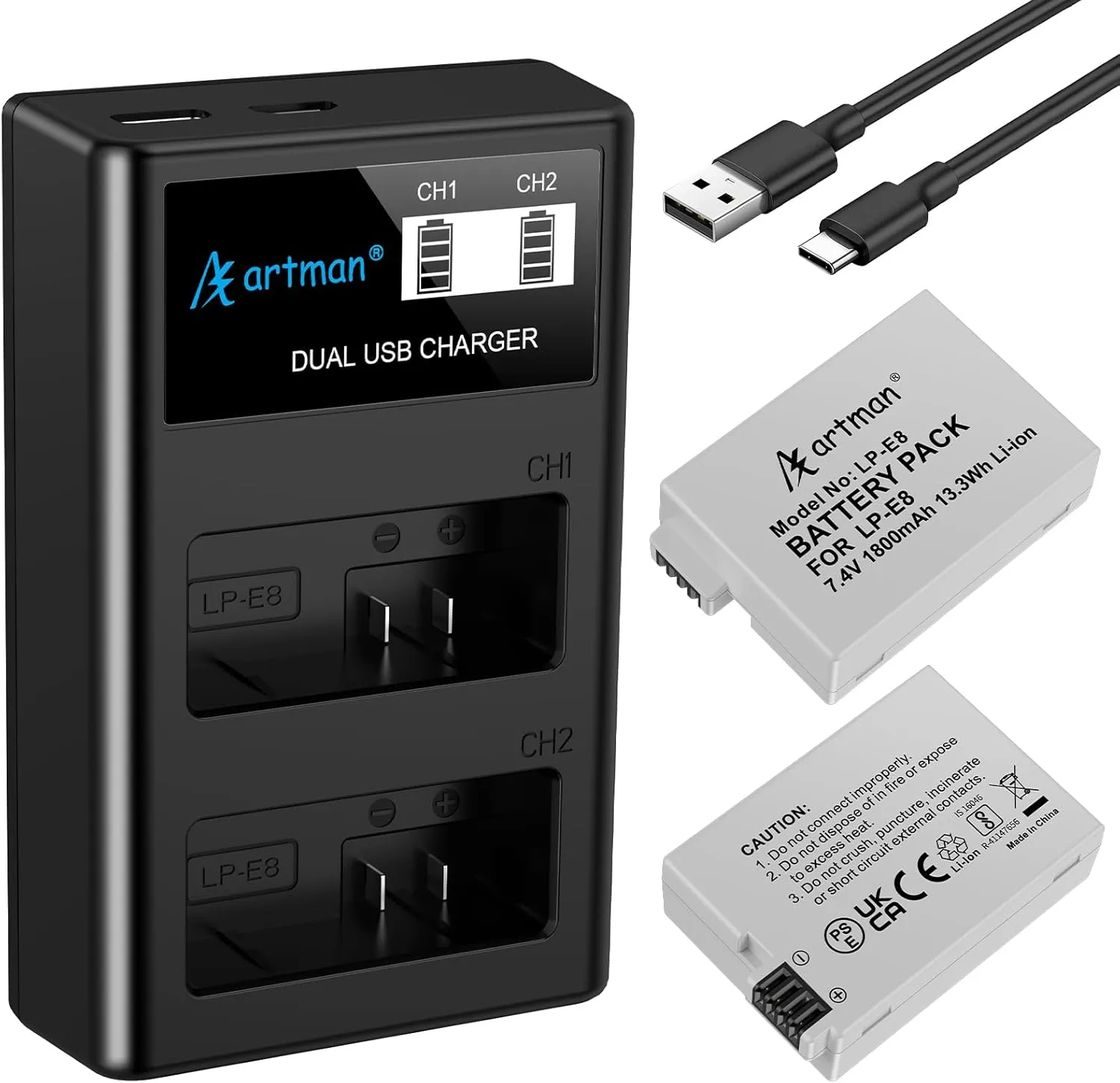 Artman Upgraded LP-E8 Battery and USB LCD Dual Charger Kit for Canon EOS Rebel T2i T3i T4i T5i, EOS Kiss X4 X5 X6 X7i, EOS 550D 600D 650D 700D, LC-E8E Digital Camera (2-Pack, 1800mAh)