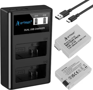 Artman Upgraded LP-E8 Battery and USB LCD Dual Charger Kit for Canon EOS Rebel T2i T3i T4i T5i, EOS Kiss X4 X5 X6 X7i, EOS 550D 600D 650D 700D, LC-E8E Digital Camera (2-Pack, 1800mAh)