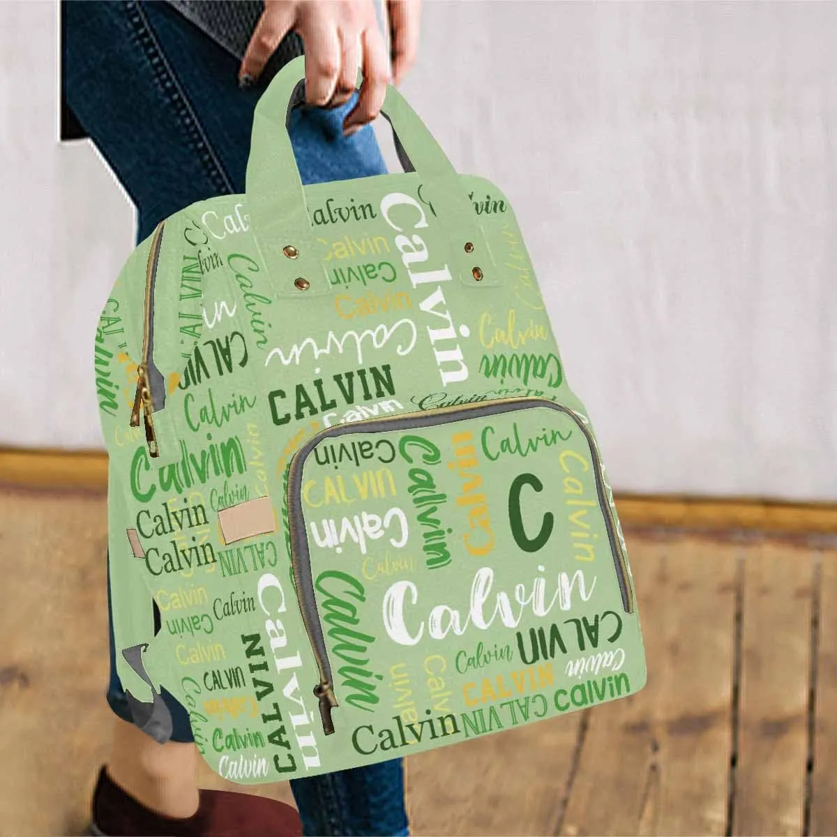 Artsadd Personalized Diaper Bag with Name, Customized Light Green Monogram Nappy Backpack with Thermal Pockets Multi-function Baby Bags Handbag Shoulder Bag for Girls Boys