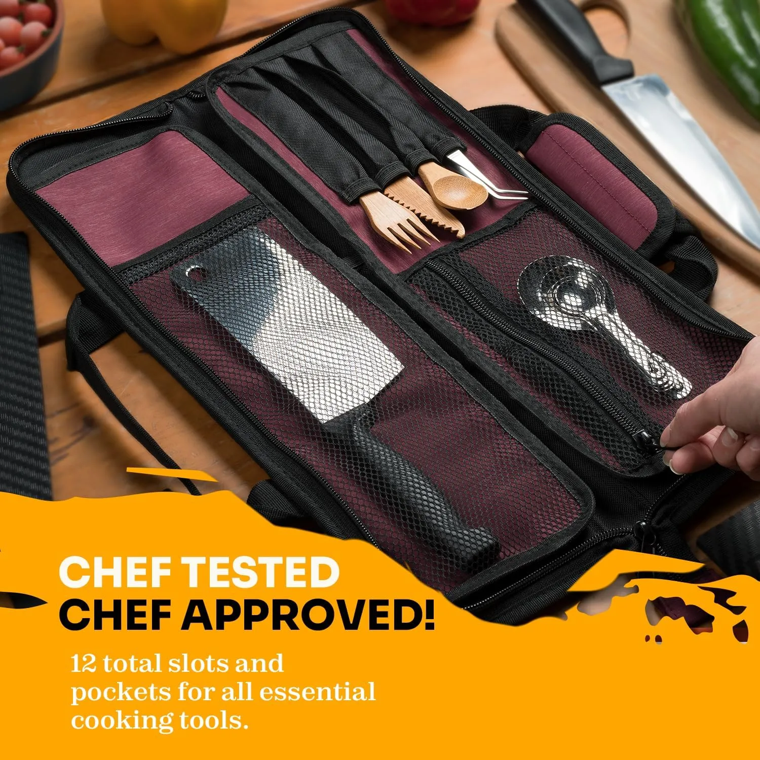 Asaya Chef Knife Roll Bag - 12 Pockets for Knives and Kitchen Utensils - Lightweight, Durable, and Stain Resistant Nylon - Perfect for the Traveling Chef - Knives not Included (Red)