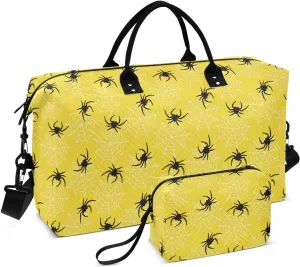 Aslsiy Travel Duffel Bags for Women Black Spider Web Sport Duffel Bag Gold Yellow Weekender Bags Gym Bag with Toiletry Bag Carry on Overnight Bag