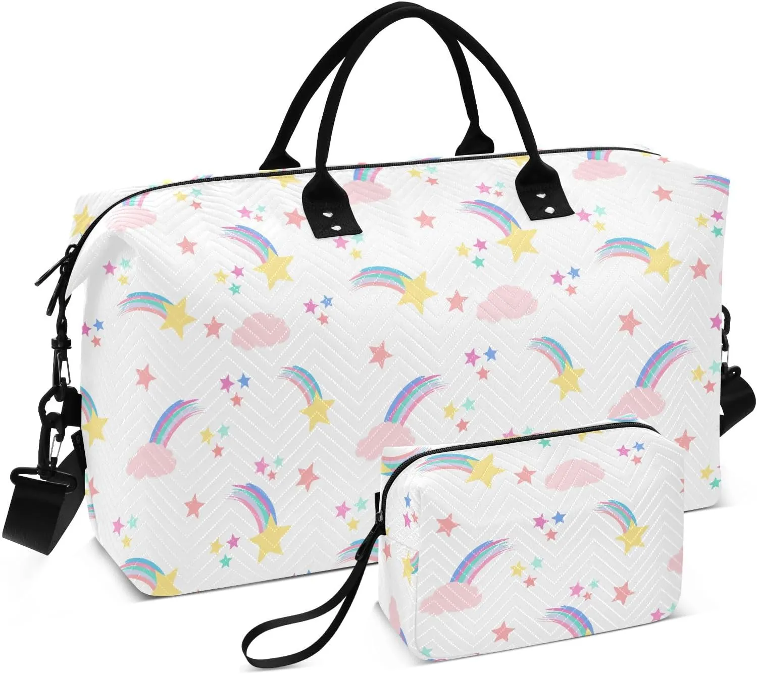 Aslsiy Travel Duffel Bags for Women Meteor Rainbow and Clouds Sports Duffel Bag White Weekender Bags Gym Bag with Toiletry Bag Carry on Overnight Bag
