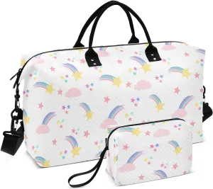 Aslsiy Travel Duffel Bags for Women Meteor Rainbow and Clouds Sports Duffel Bag White Weekender Bags Gym Bag with Toiletry Bag Carry on Overnight Bag