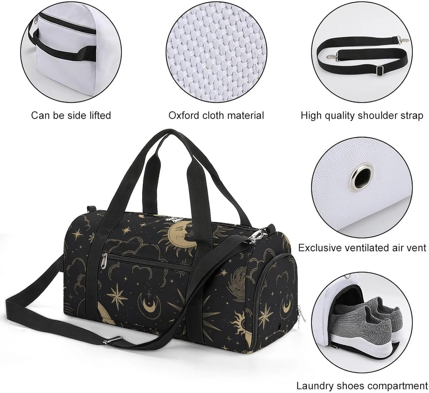 Astrology-pattern Water Resistant Gym Bag with Shoe Compartment, Travel Duffel Tote Bag Weekender Overnight Bag for Women Men
