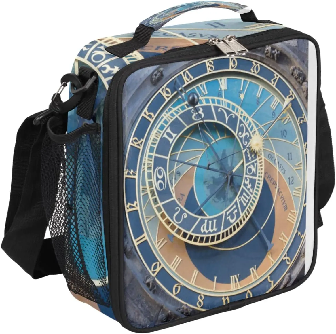 Astronomical Clock Pattern Lunch Bag With Shoulder Strap and Mesh PocketsRoman Clock Reusable Insulated Lunch box Cooler Bag for Women Men Office Outdoor Work Picnic