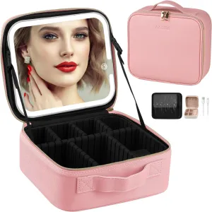 AZ GOGO Travel Makeup Train Case with Lighted Mirror,Makeup Bag with Light up Mirror 3 Color Brightness, Waterproof Portable Cosmetic Bag Organizer (Pink)