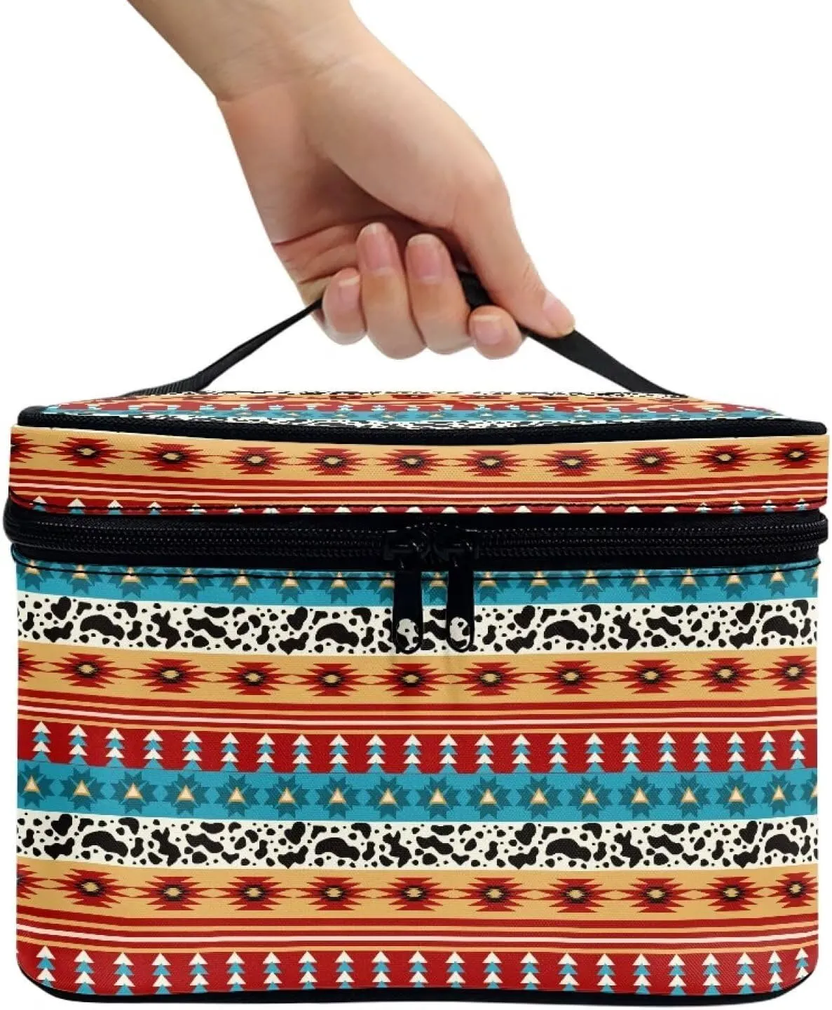 Aztec Tribal Cosmetic Travel Bag Portable Make Up Case Organizer Boho Cow Print Cosmetic Stirage Bag Large Capacity Toiletry Bag Boho Ethnic Makeup Bag
