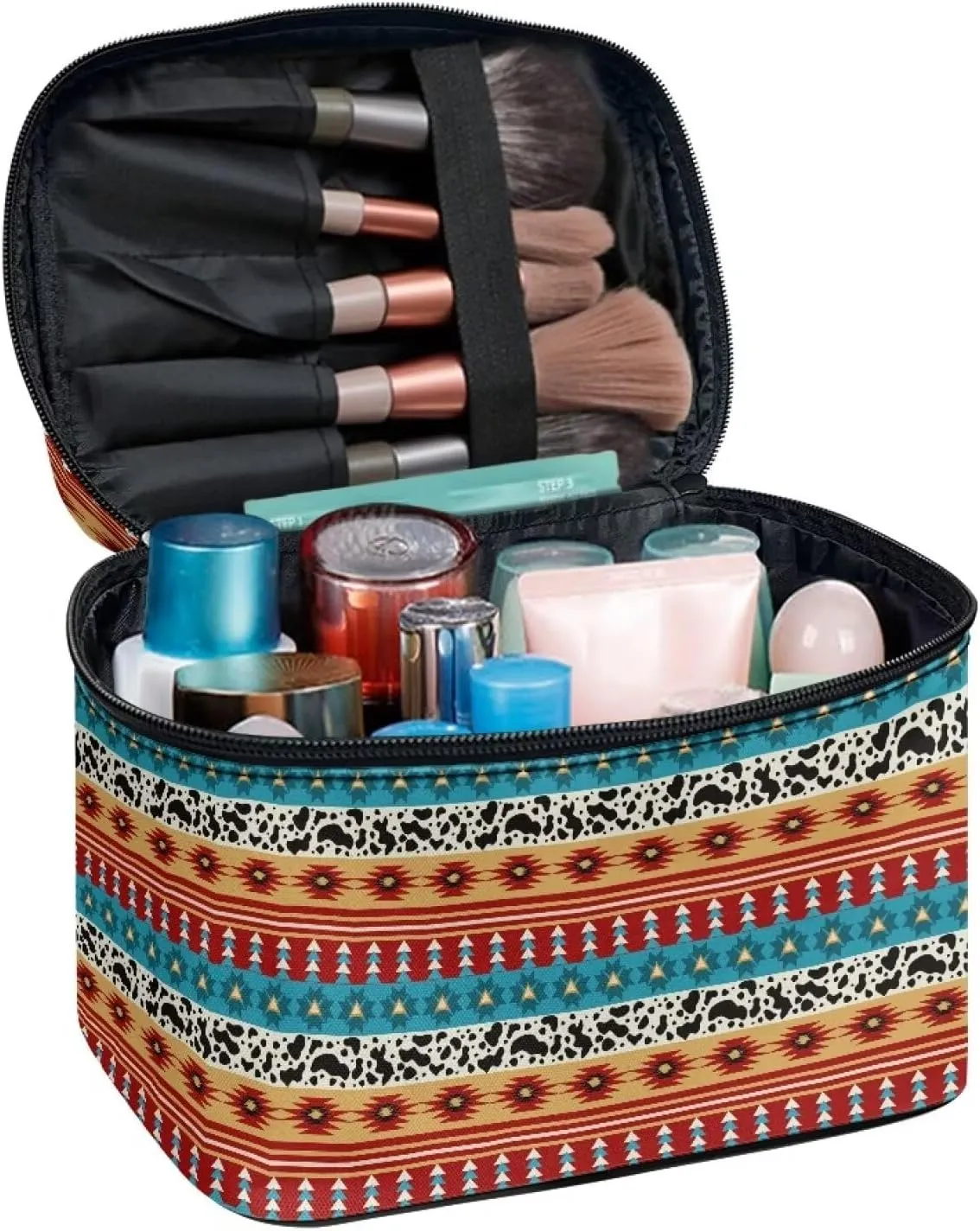 Aztec Tribal Cosmetic Travel Bag Portable Make Up Case Organizer Boho Cow Print Cosmetic Stirage Bag Large Capacity Toiletry Bag Boho Ethnic Makeup Bag