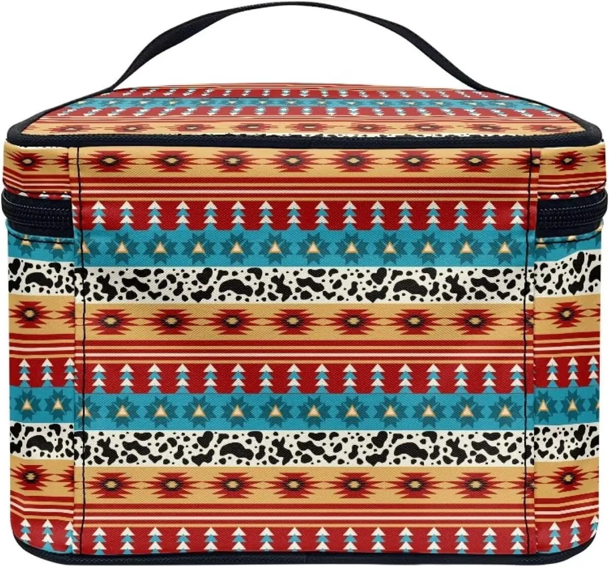 Aztec Tribal Cosmetic Travel Bag Portable Make Up Case Organizer Boho Cow Print Cosmetic Stirage Bag Large Capacity Toiletry Bag Boho Ethnic Makeup Bag