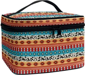 Aztec Tribal Cosmetic Travel Bag Portable Make Up Case Organizer Boho Cow Print Cosmetic Stirage Bag Large Capacity Toiletry Bag Boho Ethnic Makeup Bag