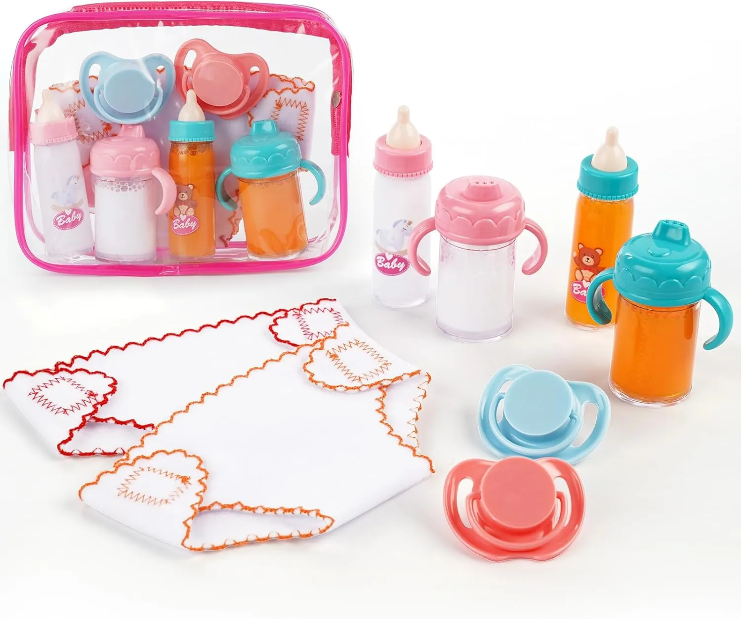 BABESIDE Baby Doll Accessories Set - 9 Pcs Including Bottles With Disappearing Milk, Pacifier, Diapers and Carry Bag - Pretend Play Feeding Toy for 12-15 Inches Dolls