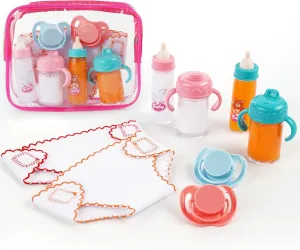 BABESIDE Baby Doll Accessories Set - 9 Pcs Including Bottles With Disappearing Milk, Pacifier, Diapers and Carry Bag - Pretend Play Feeding Toy for 12-15 Inches Dolls