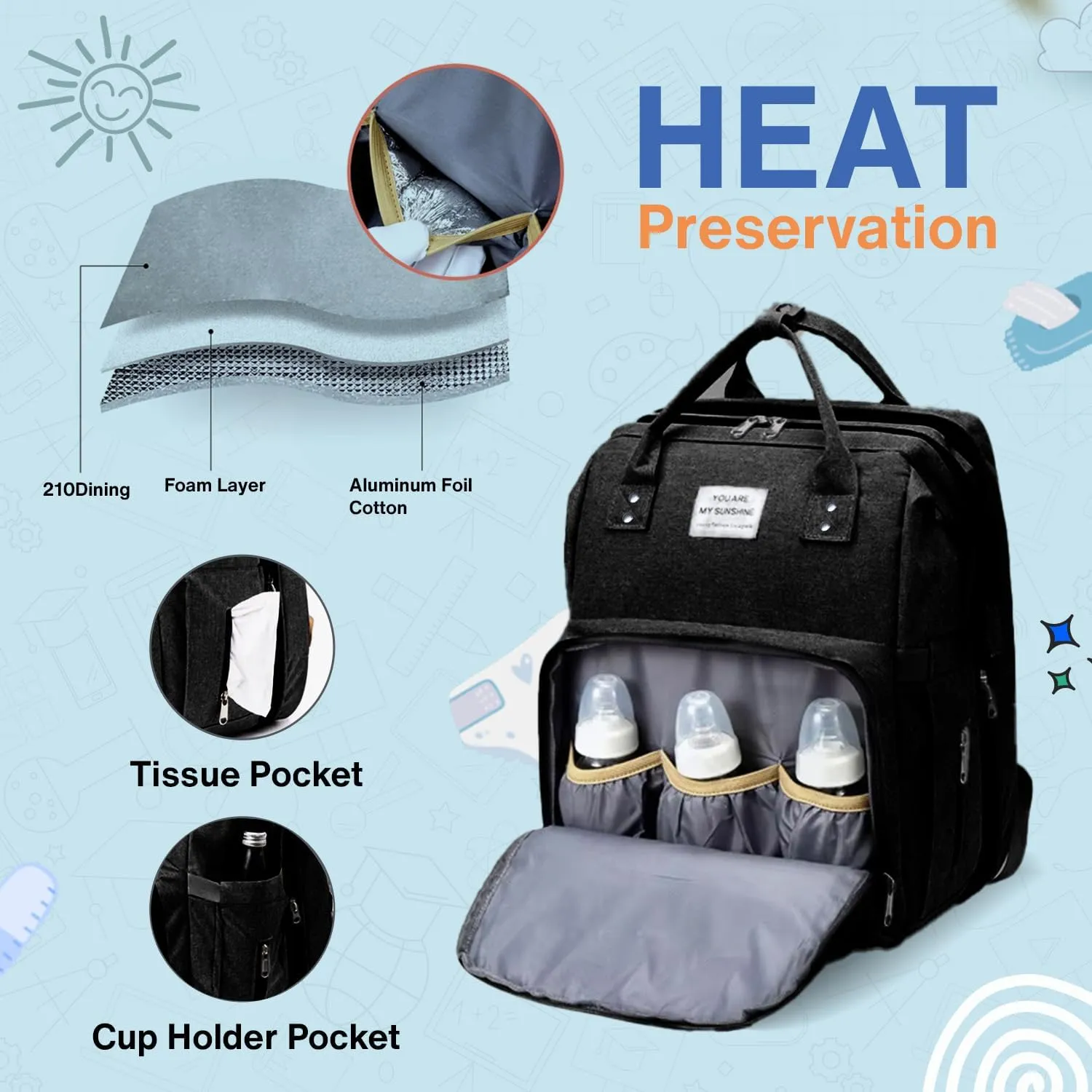 Baby Diaper Bag Backpack is a large, water-resistant black travel diaper tote for moms and dads, featuring spacious compartments and a multi-function design for ultimate convenience.