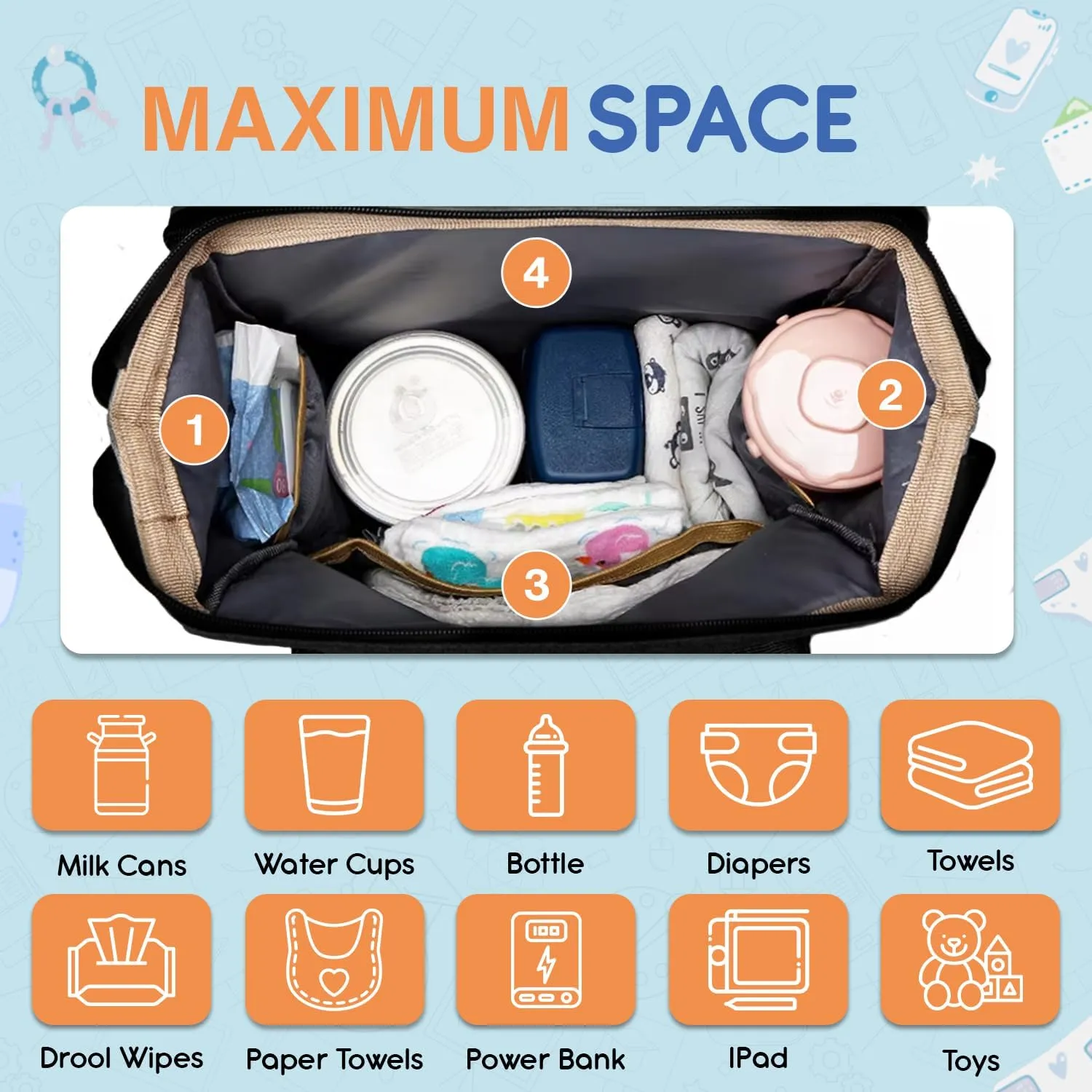 Baby Diaper Bag Backpack is a large, water-resistant black travel diaper tote for moms and dads, featuring spacious compartments and a multi-function design for ultimate convenience.