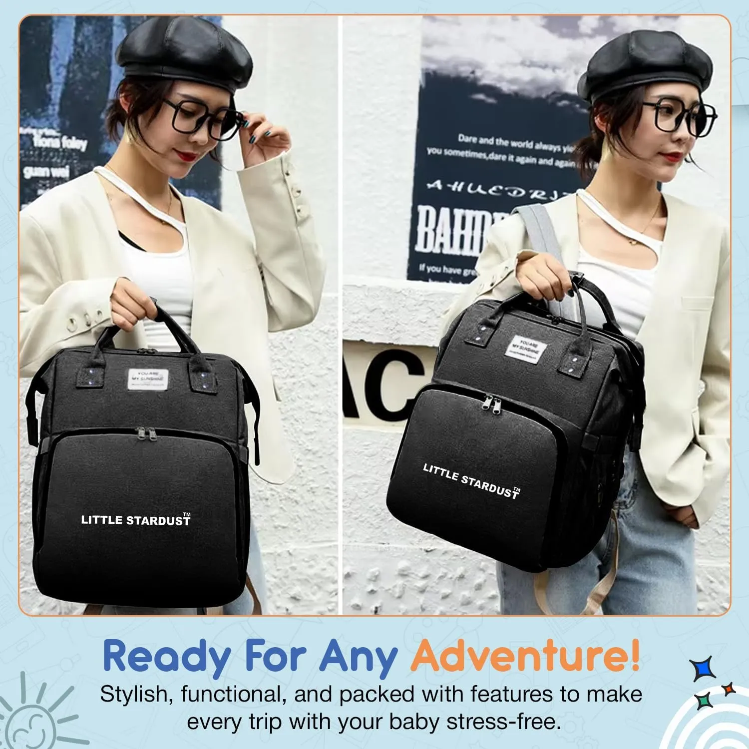 Baby Diaper Bag Backpack is a large, water-resistant black travel diaper tote for moms and dads, featuring spacious compartments and a multi-function design for ultimate convenience.