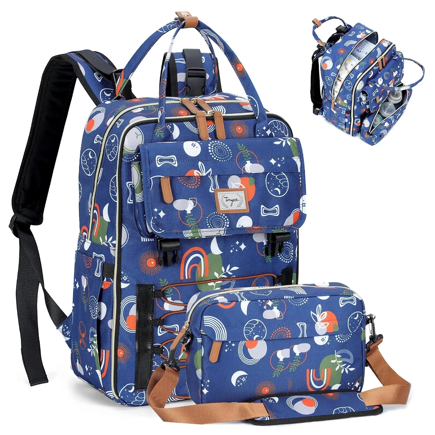 Baby Diaper Bag Backpack, Large Diaper Bag with Removable Cross Body Bag & 2 Compartments, Baby Bag for Boys & Girls, Travel Diaper Bags, Blue Rainbow