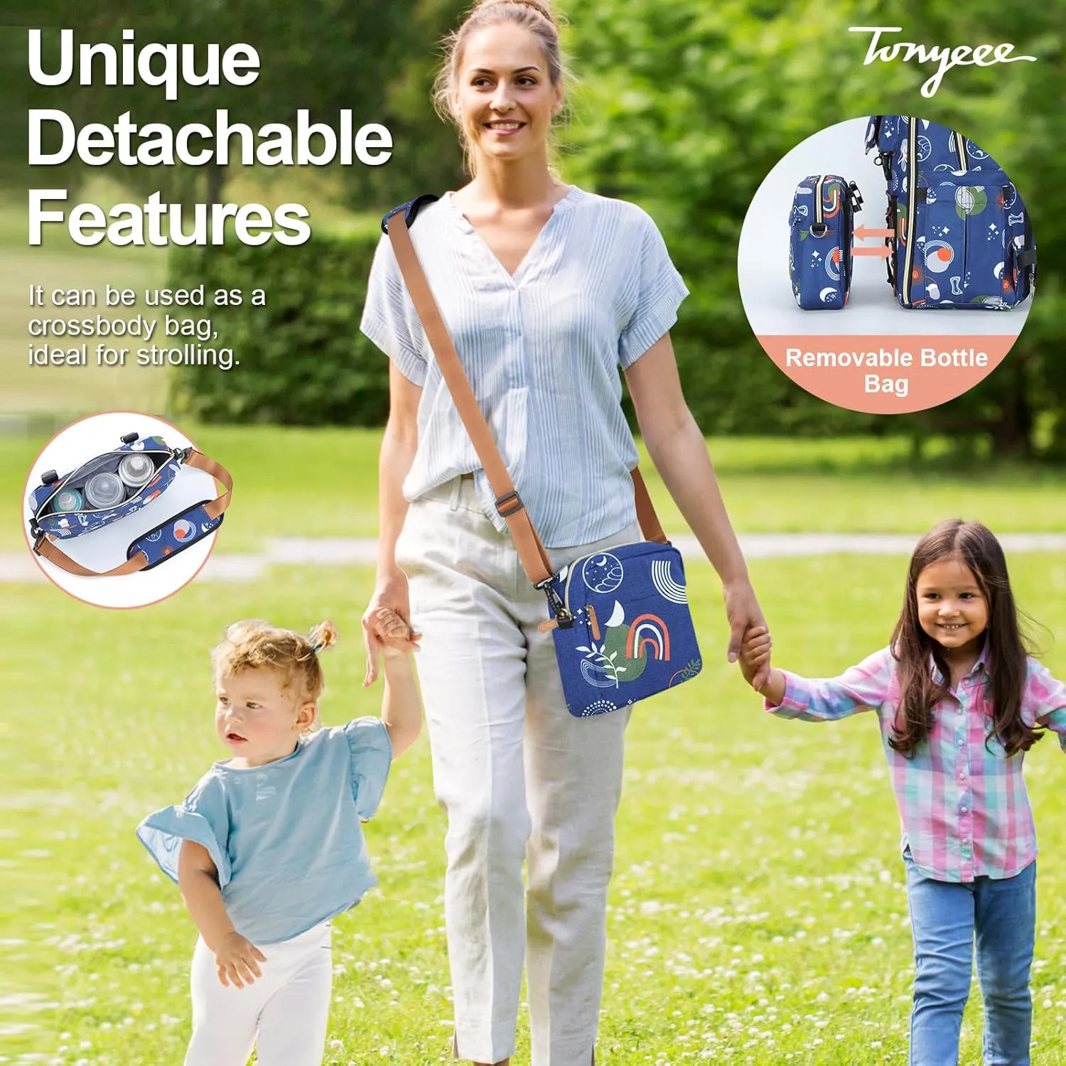 Baby Diaper Bag Backpack, Large Diaper Bag with Removable Cross Body Bag & 2 Compartments, Baby Bag for Boys & Girls, Travel Diaper Bags, Blue Rainbow