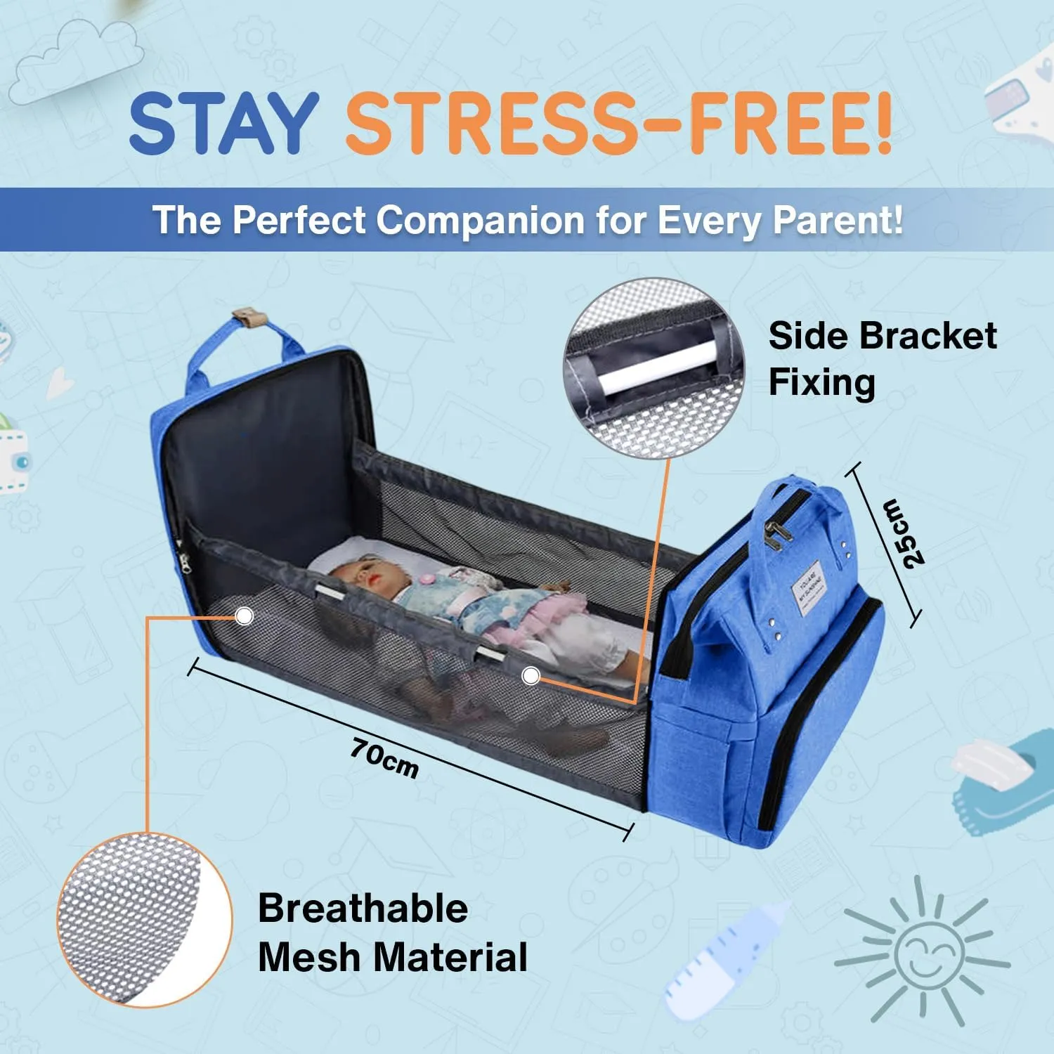 Baby Diaper Bag Backpack With Changing Station, Water-Resistant Sky Blue Travel Tote For Moms And Dads, Designed With Spacious Compartments And A Versatile, Multi-Function Style.