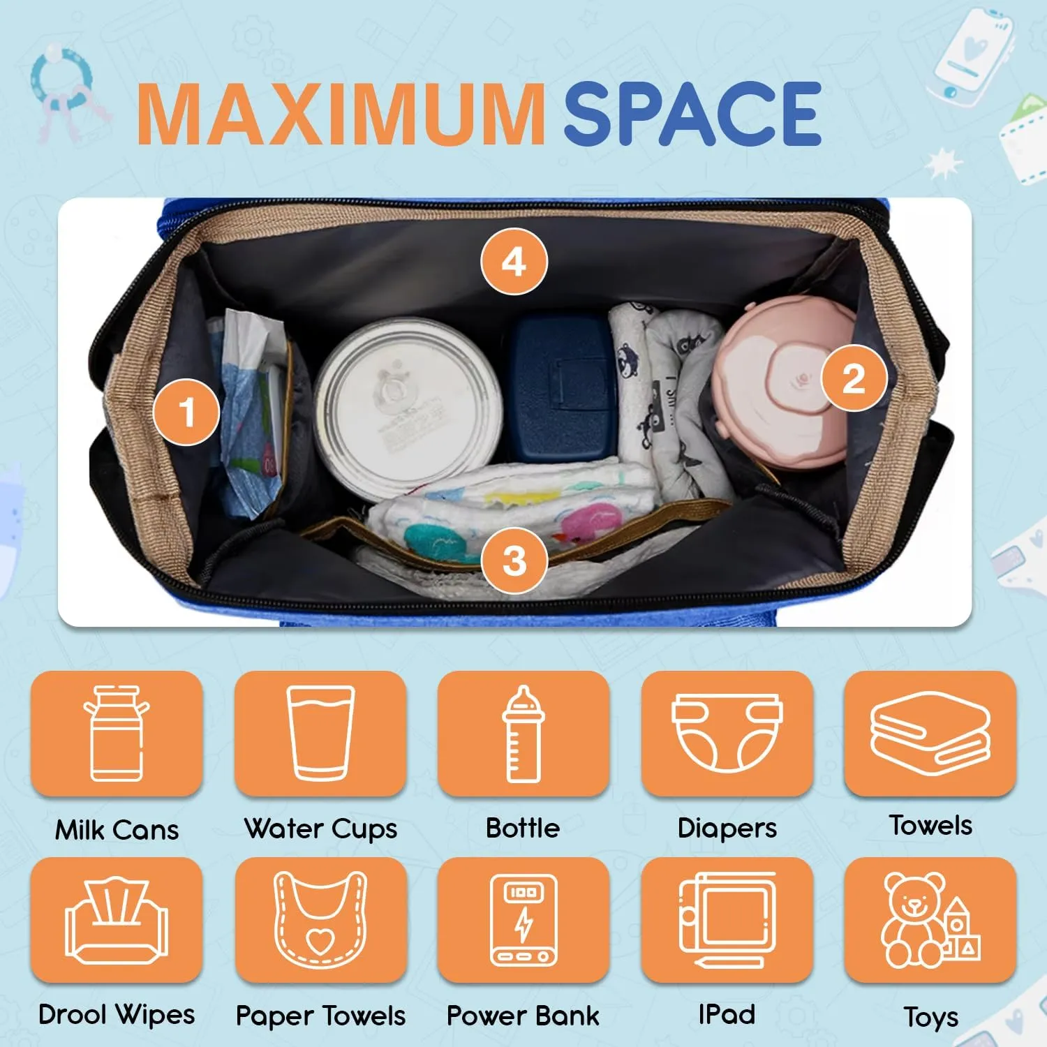 Baby Diaper Bag Backpack With Changing Station, Water-Resistant Sky Blue Travel Tote For Moms And Dads, Designed With Spacious Compartments And A Versatile, Multi-Function Style.
