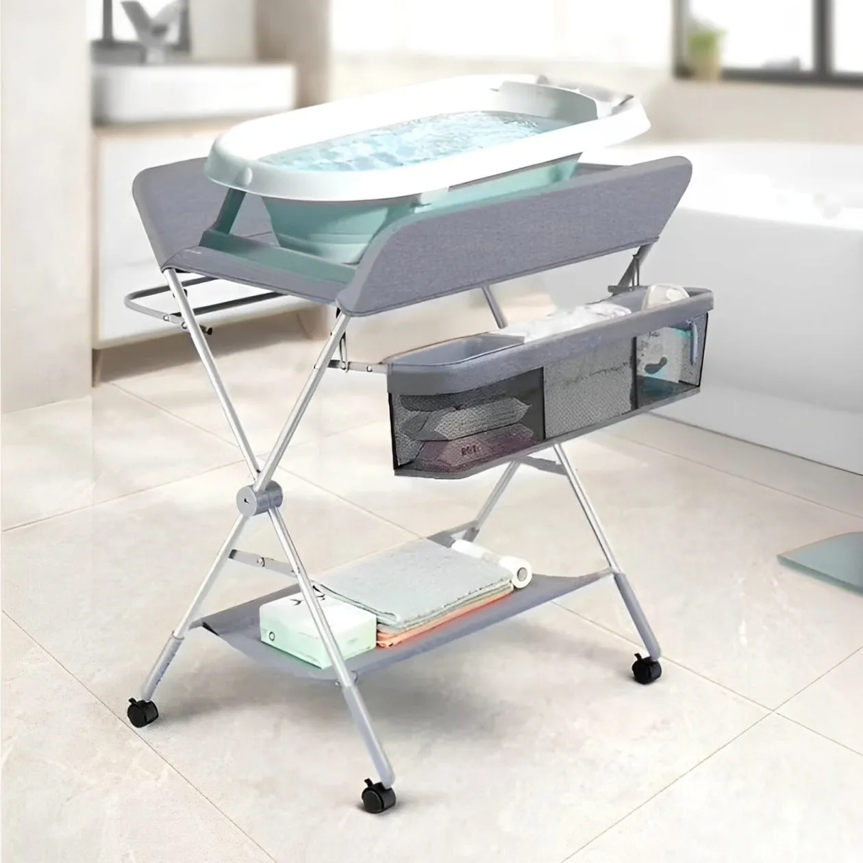 Baby Diaper Changing Station, Mobile Nursery Table with Storage Organizer