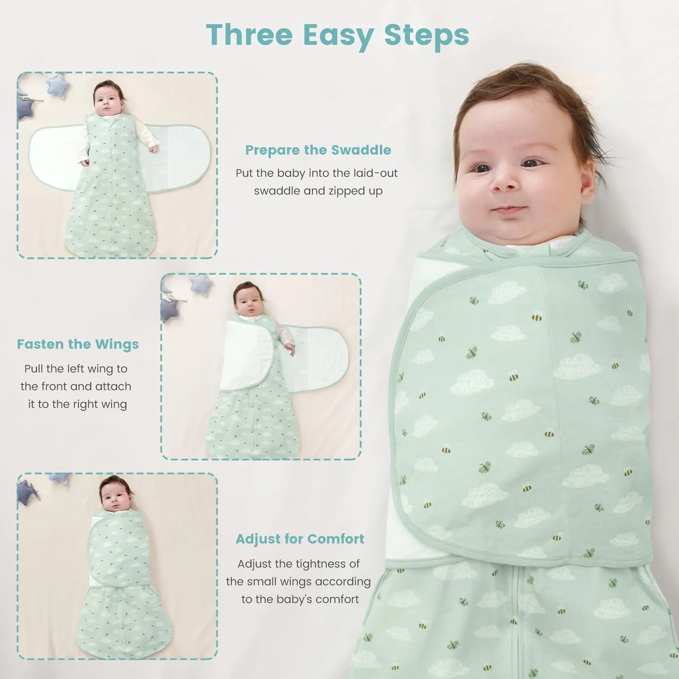 Baby Swaddle Sleep Sack 1.0 Tog 3-in-1 100% Cotton Baby Swaddle Blanket for Newborns 0-12 Months