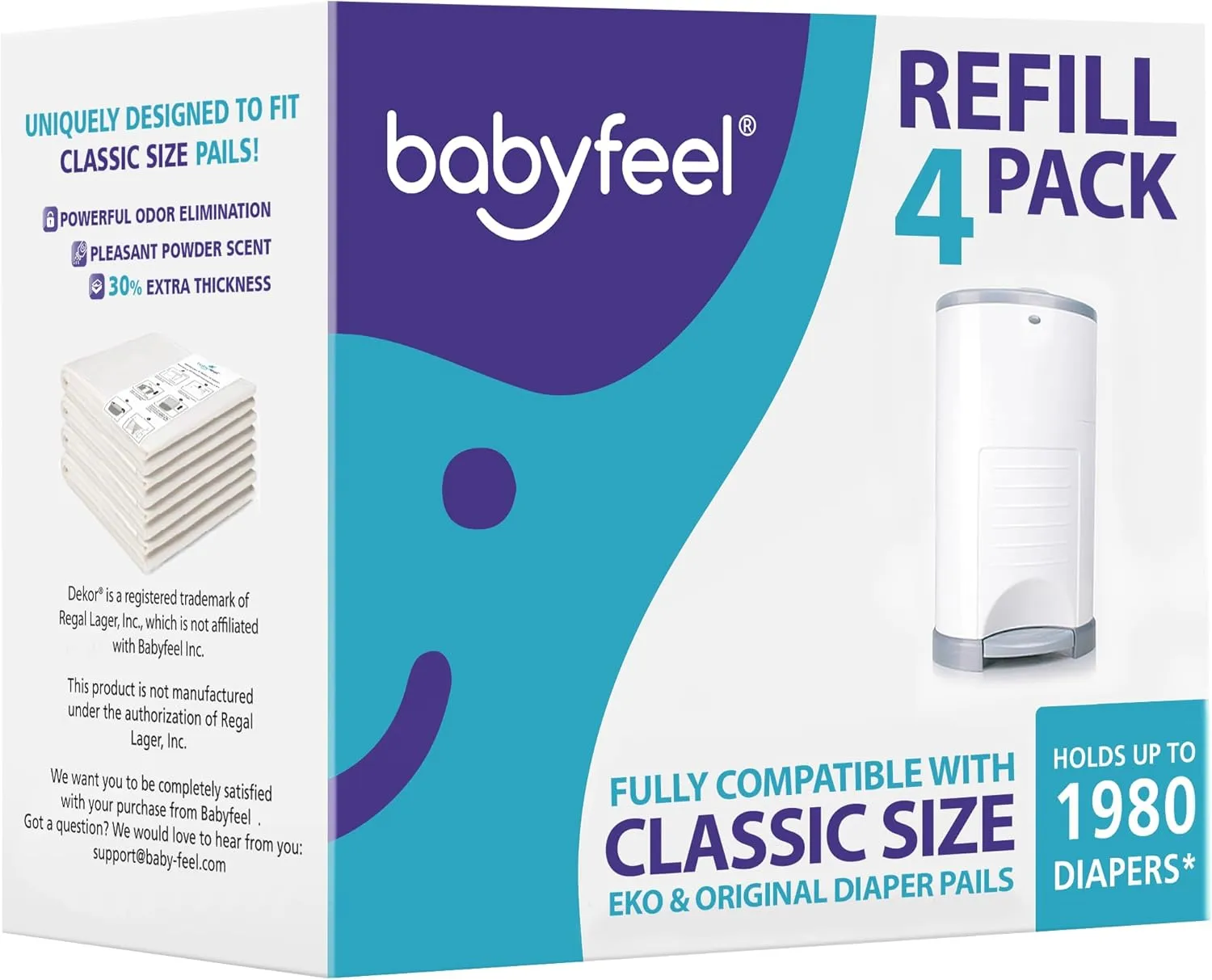 Babyfeel Refills Compatible with DEKOR CLASSIC Diaper Pails | 4 Pack | Exclusive 30% Extra Thickness | Diaper Pail Refills with Powerful Odor Elimination | Powder Scent | Holds up to 1980 Diapers