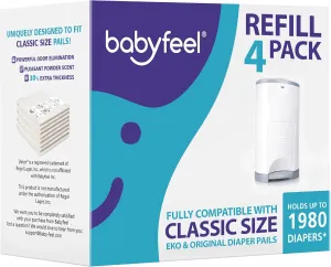 Babyfeel Refills Compatible with DEKOR CLASSIC Diaper Pails | 4 Pack | Exclusive 30% Extra Thickness | Diaper Pail Refills with Powerful Odor Elimination | Powder Scent | Holds up to 1980 Diapers