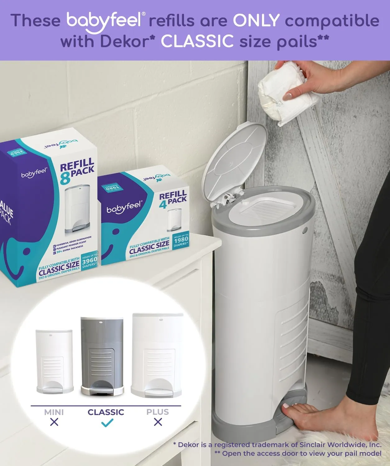 Babyfeel Refills Compatible with DEKOR CLASSIC Diaper Pails | 4 Pack | Exclusive 30% Extra Thickness | Diaper Pail Refills with Powerful Odor Elimination | Powder Scent | Holds up to 1980 Diapers