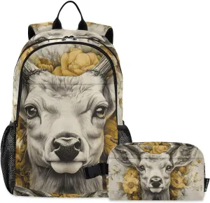 Backpack Elk Floral Gold for School Boys Girls and Teens, Backpack for Men and Women, Lightweight Bookbag with Lunch Box Travel Laptop Daypack 18.5 x 11.8 In